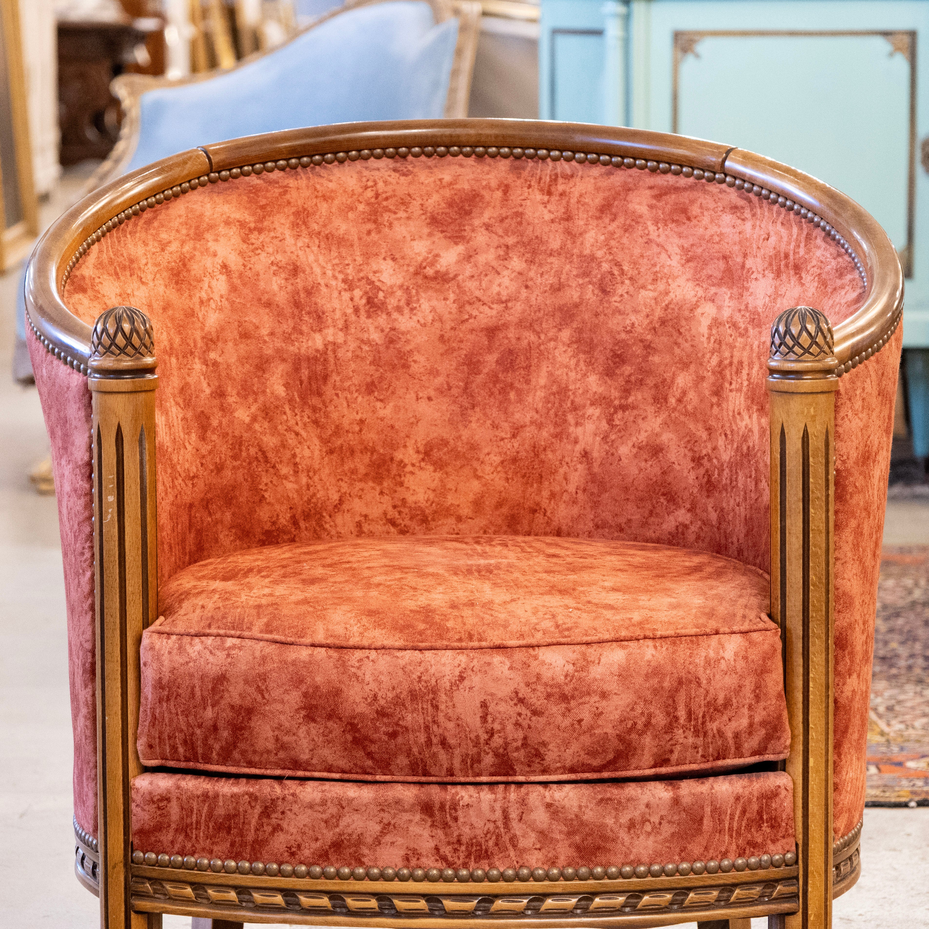 Pair of Art Deco Barrel Arm Chairs – Carved Wood Frame & Red Leather Upholstery - Image 7