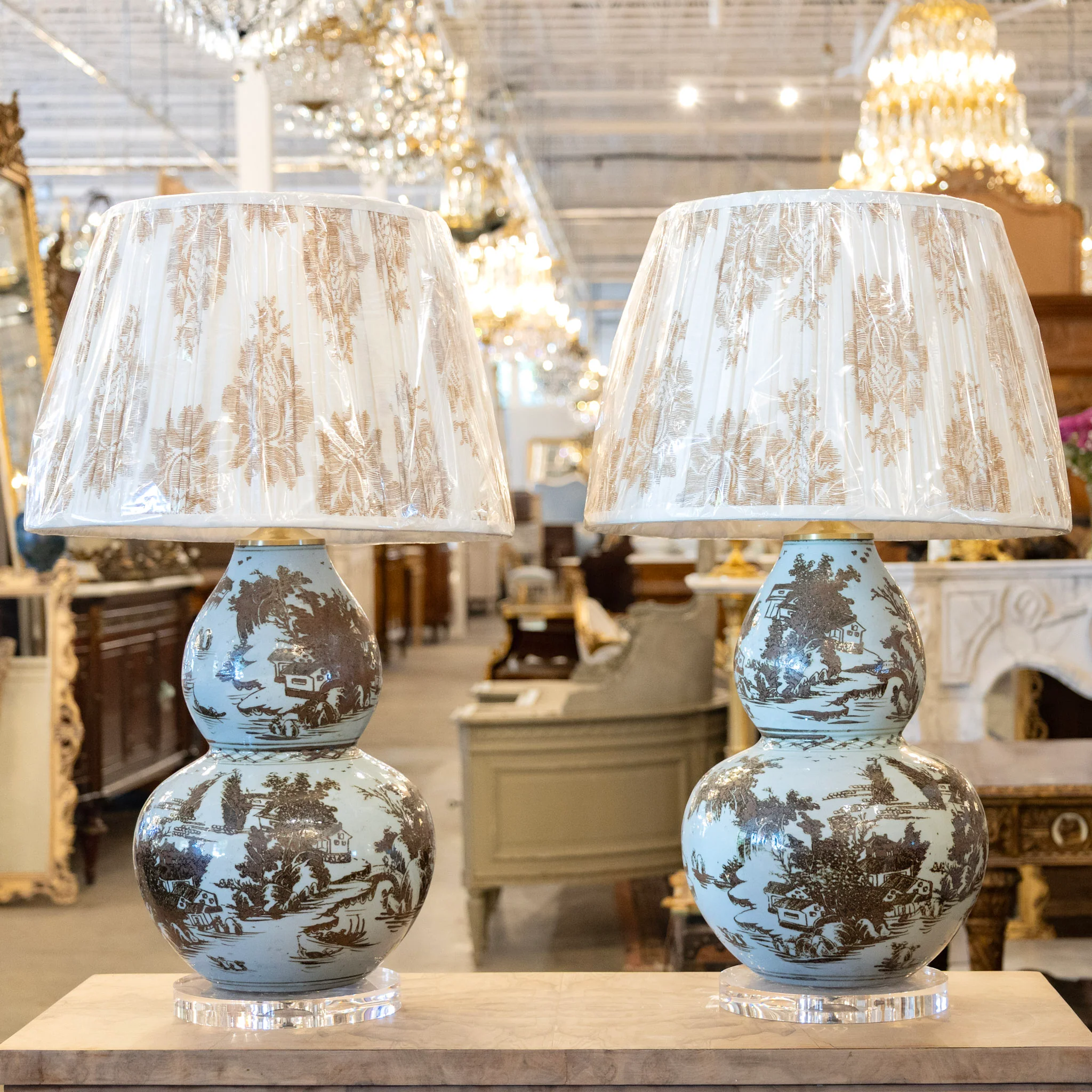 Pair of Blue & Brown Toile Table Lamps - Pattern Lamp Shade