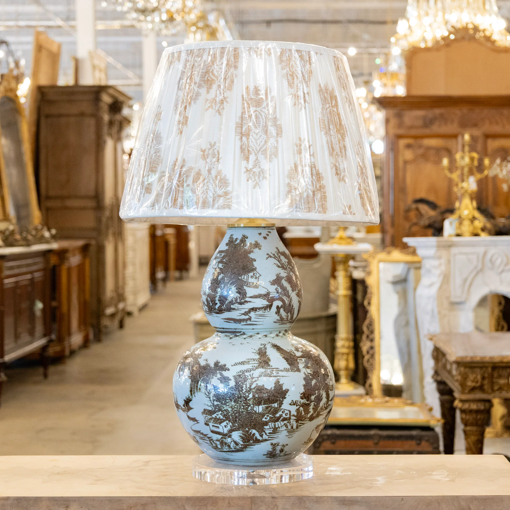 Pair of Blue & Brown Toile Table Lamps - Pattern Lamp Shade - Image 2