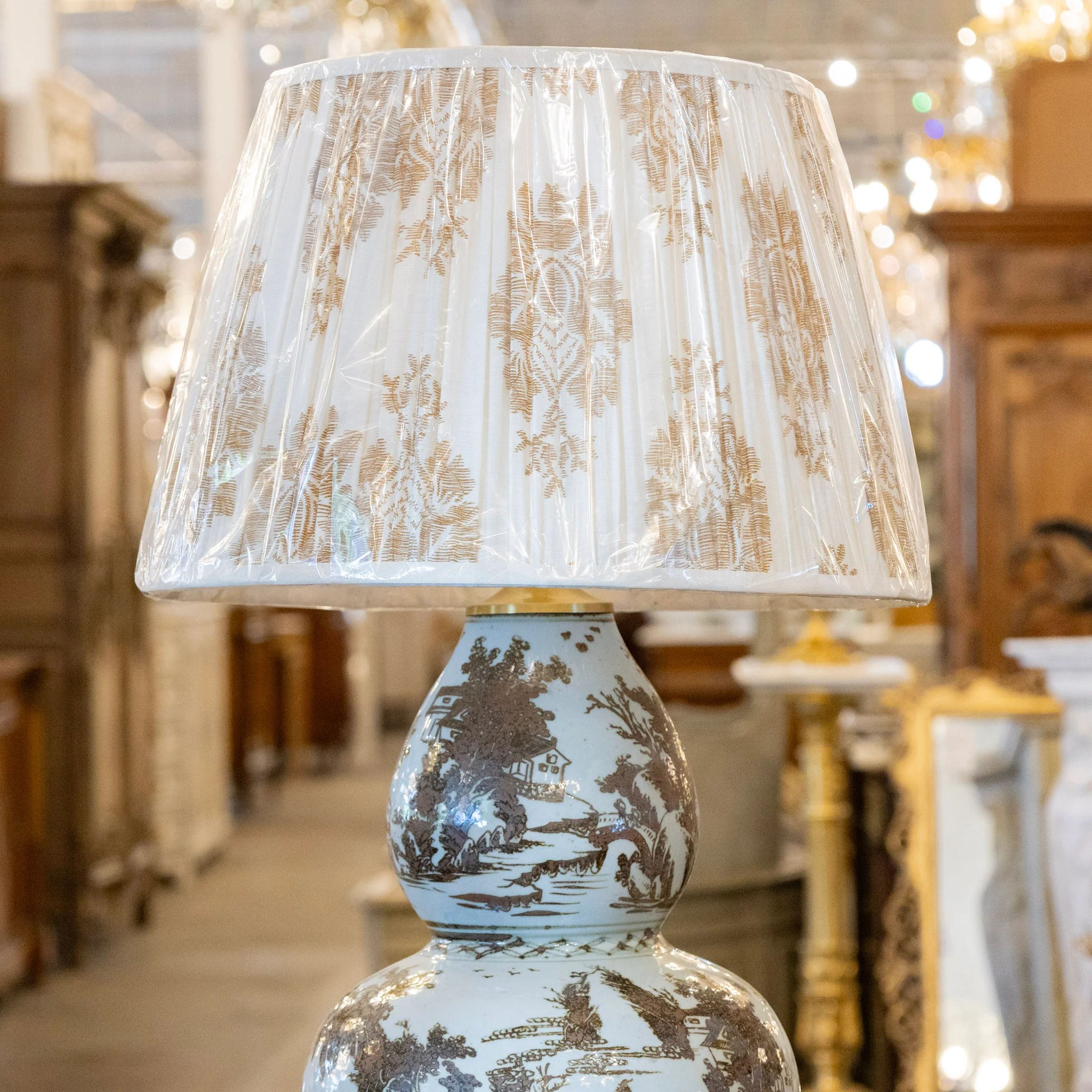 Pair of Blue & Brown Toile Table Lamps - Pattern Lamp Shade - Image 3
