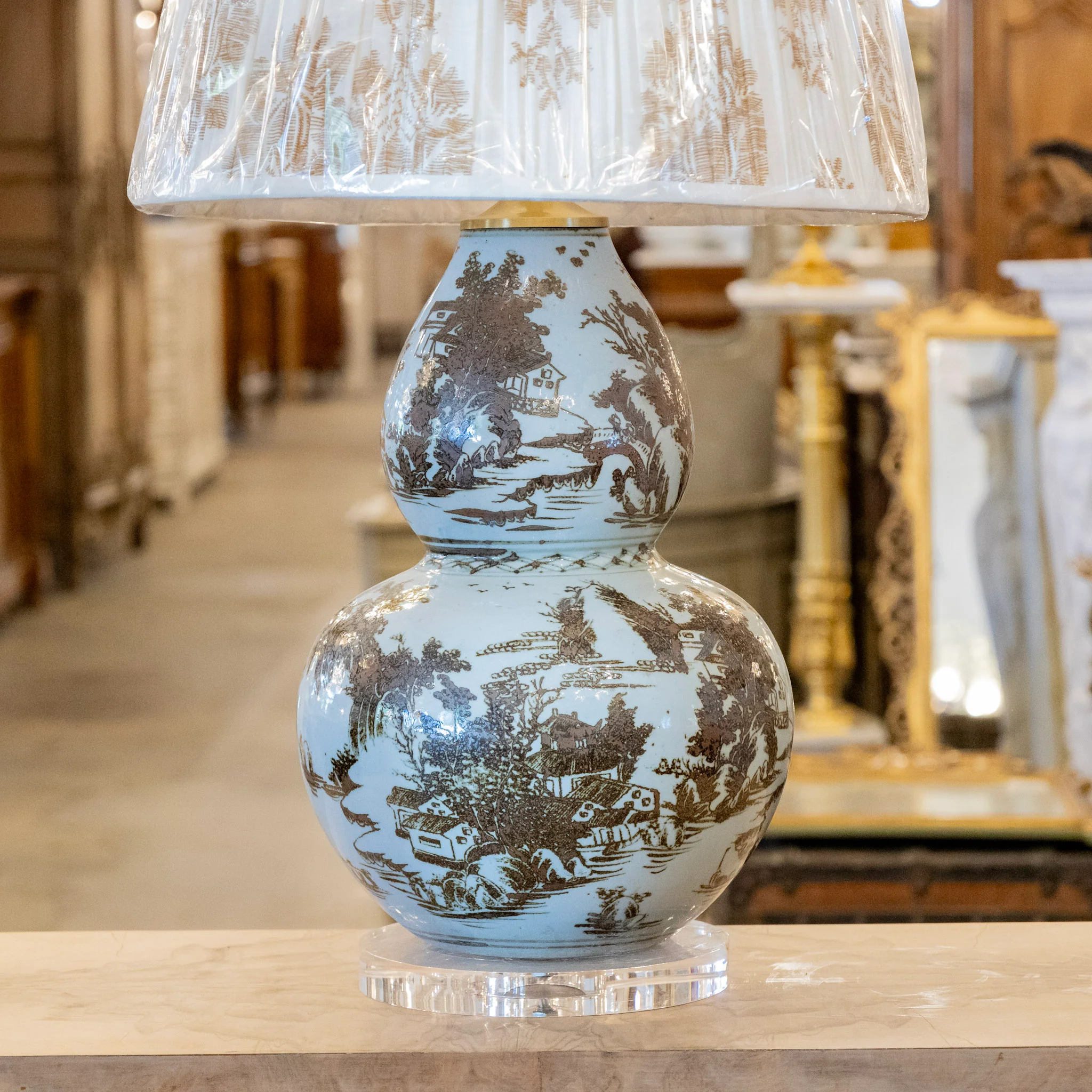 Pair of Blue & Brown Toile Table Lamps - Pattern Lamp Shade - Image 4