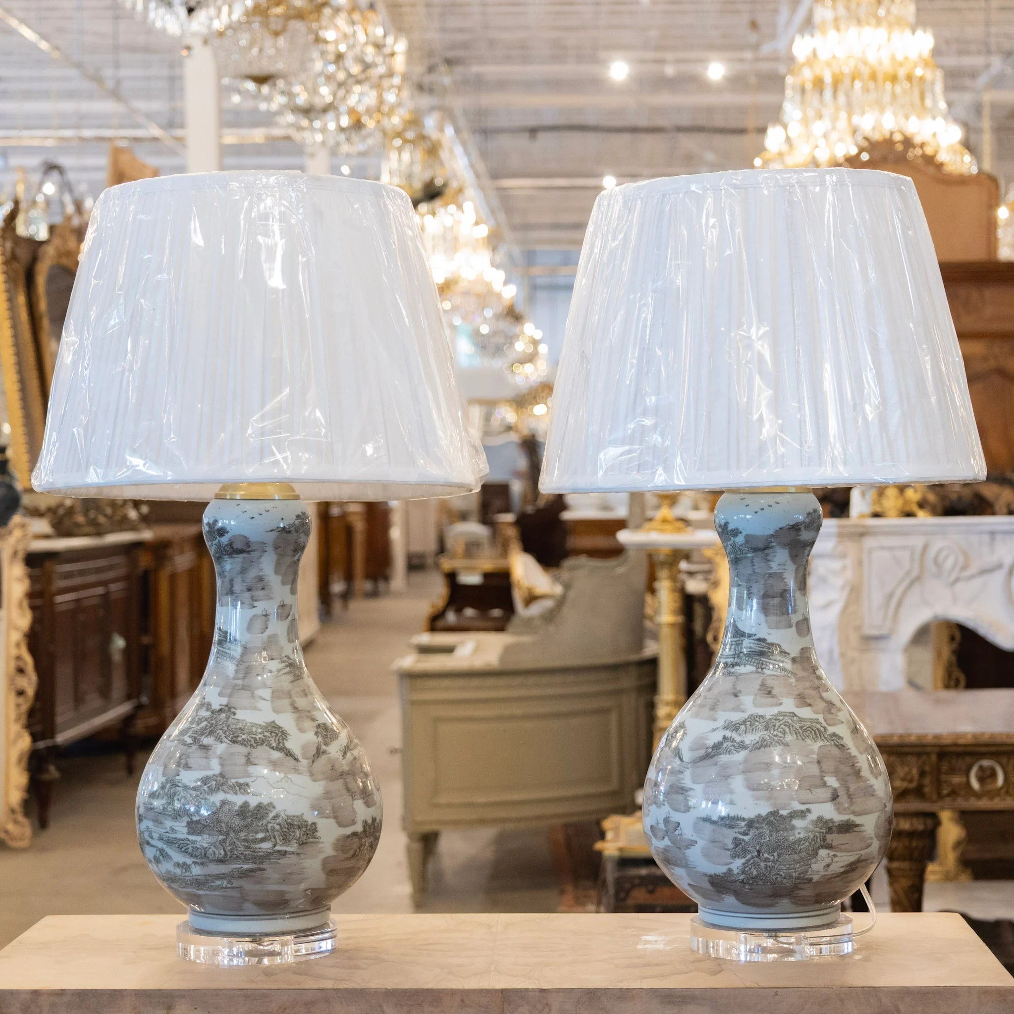 Pair of Blue & Brown Toile Table Lamps - White Lamp Shade