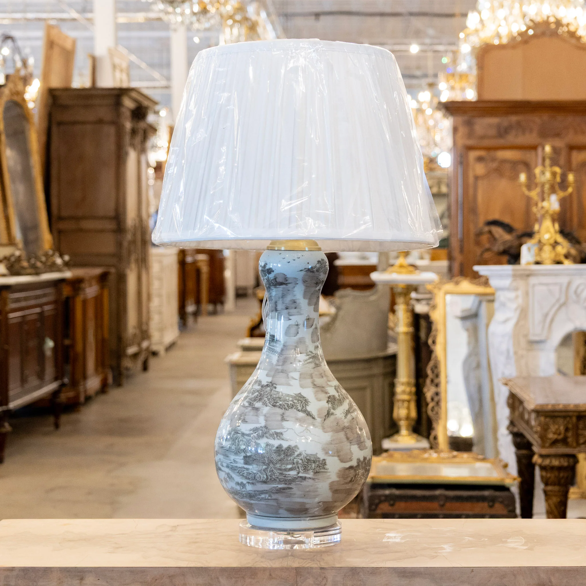 Pair of Blue & Brown Toile Table Lamps - White Lamp Shade - Image 2