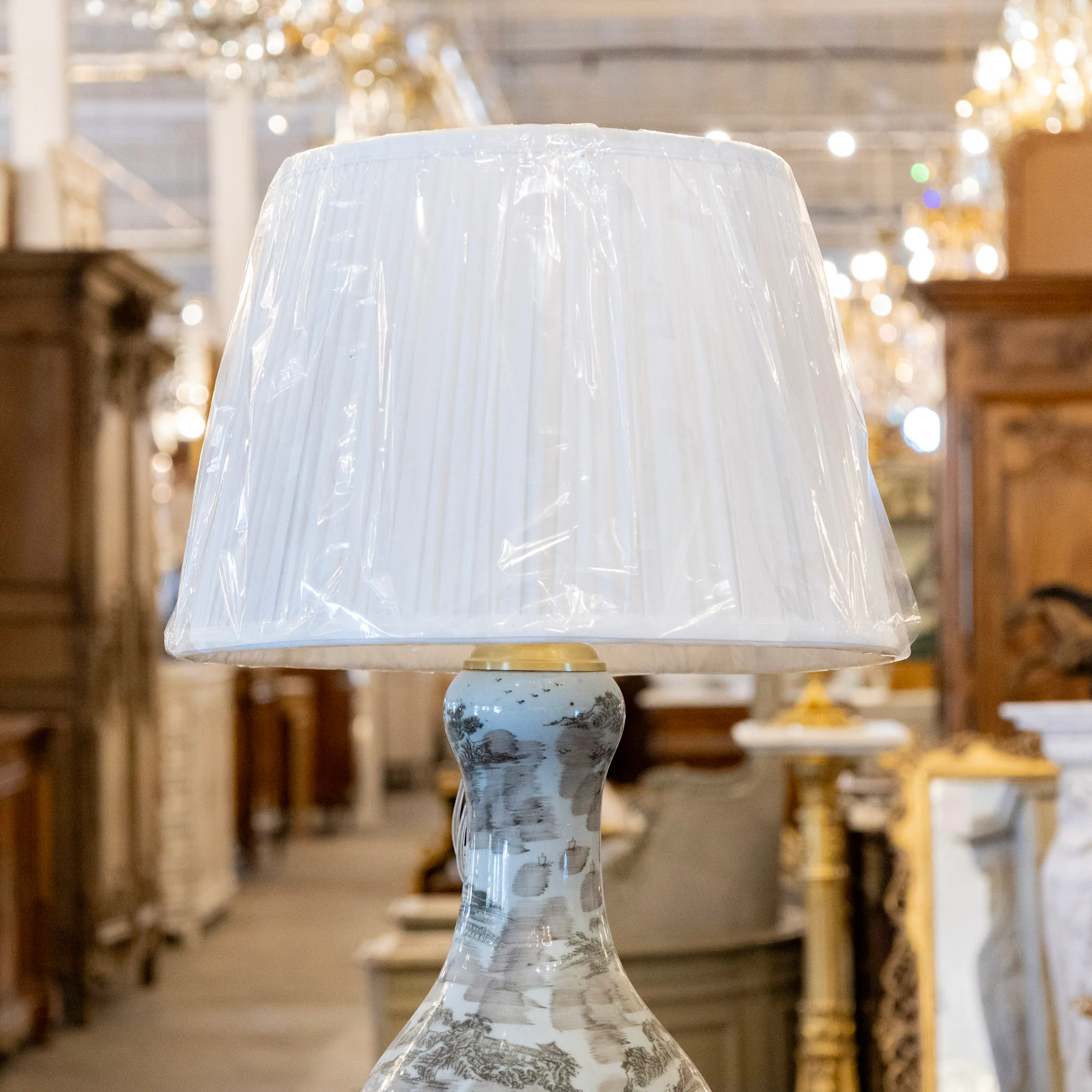 Pair of Blue & Brown Toile Table Lamps - White Lamp Shade - Image 3