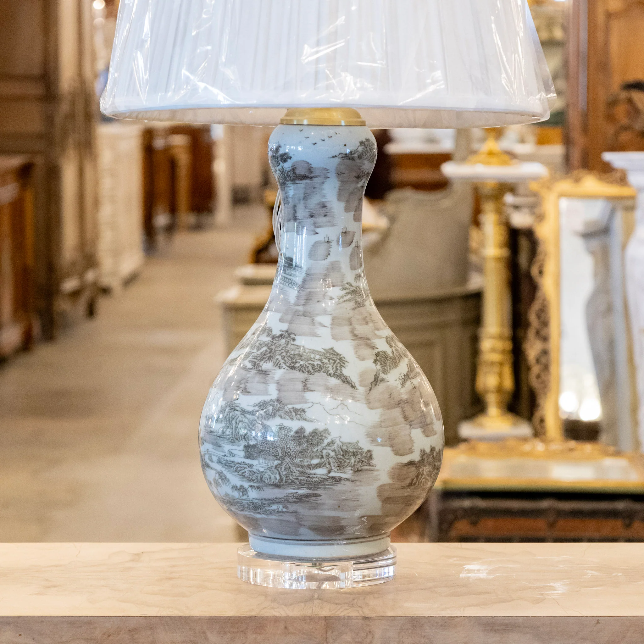 Pair of Blue & Brown Toile Table Lamps - White Lamp Shade - Image 4