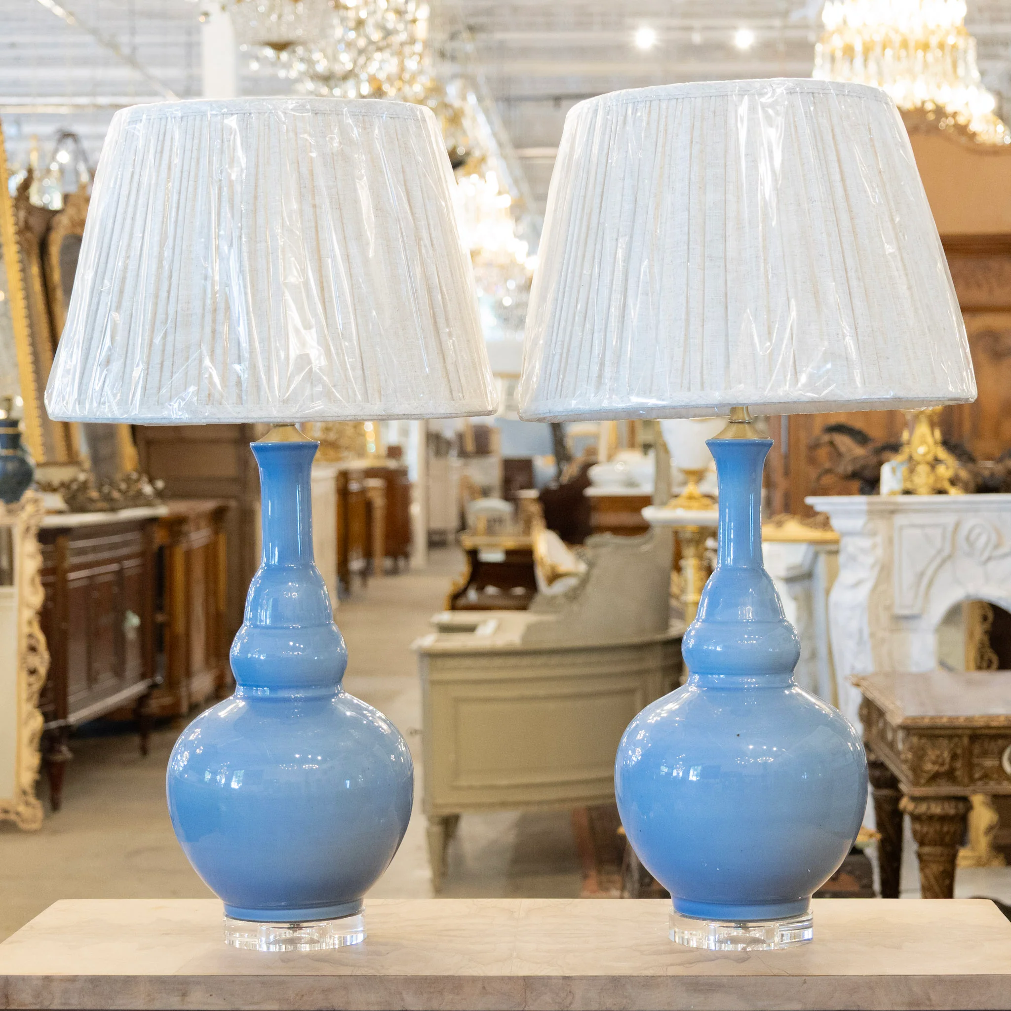 Pair of Blue Table Lamps - White Lamp Shade