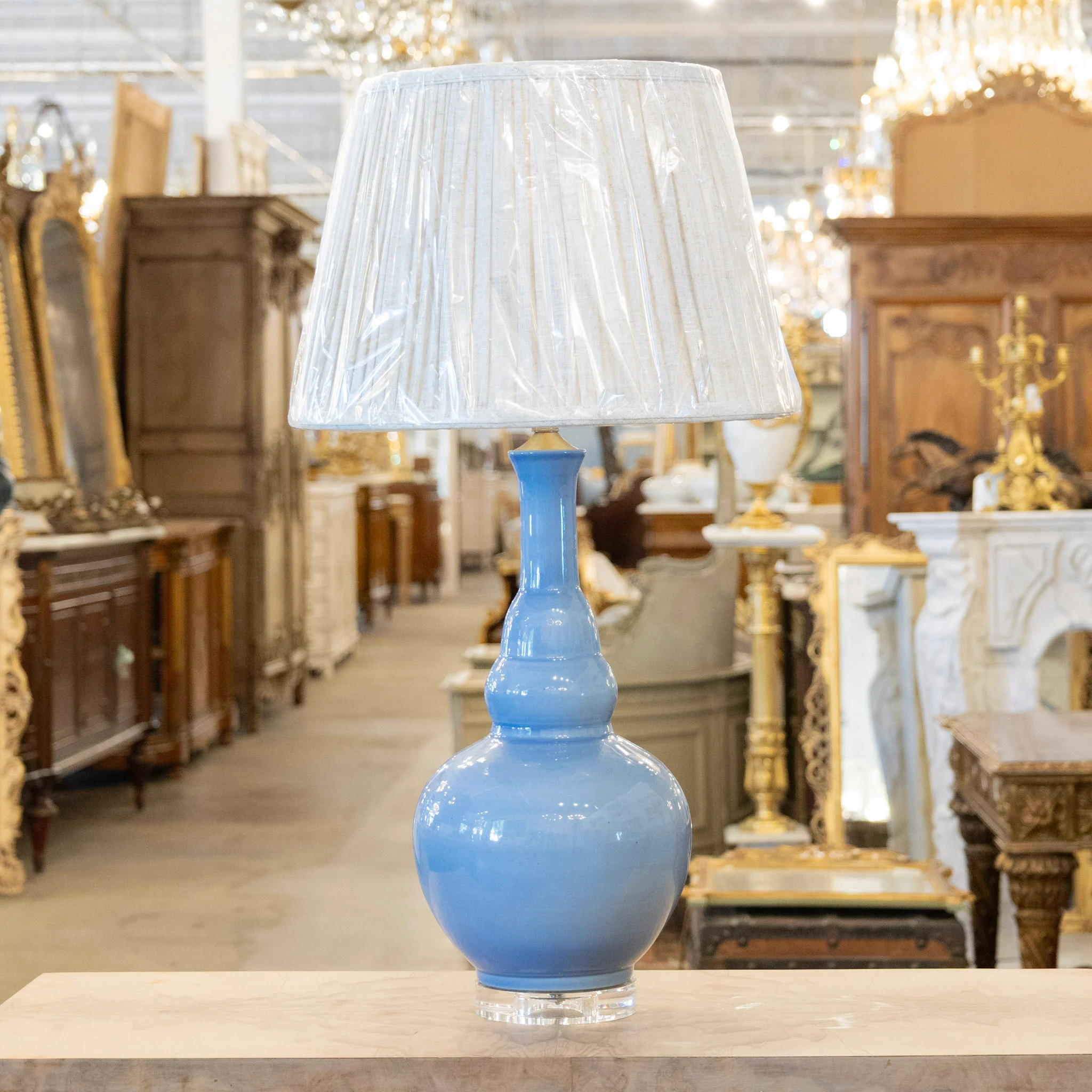 Pair of Blue Table Lamps - White Lamp Shade - Image 2