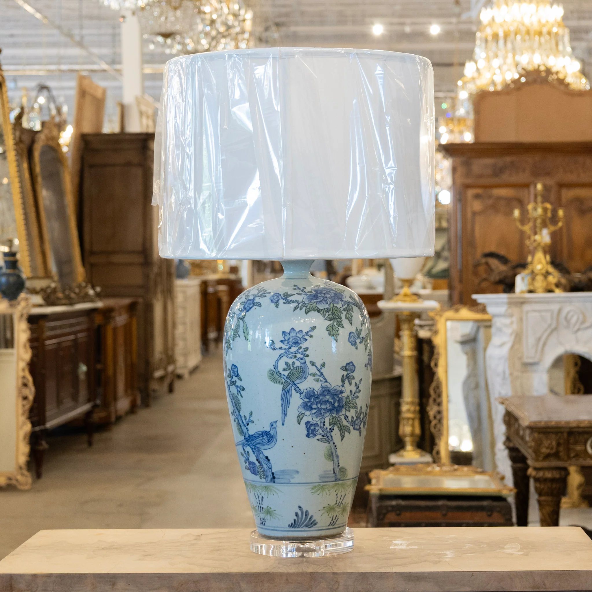 Pair of Blue Toile Table Lamps - White Lamp Shade - Image 2