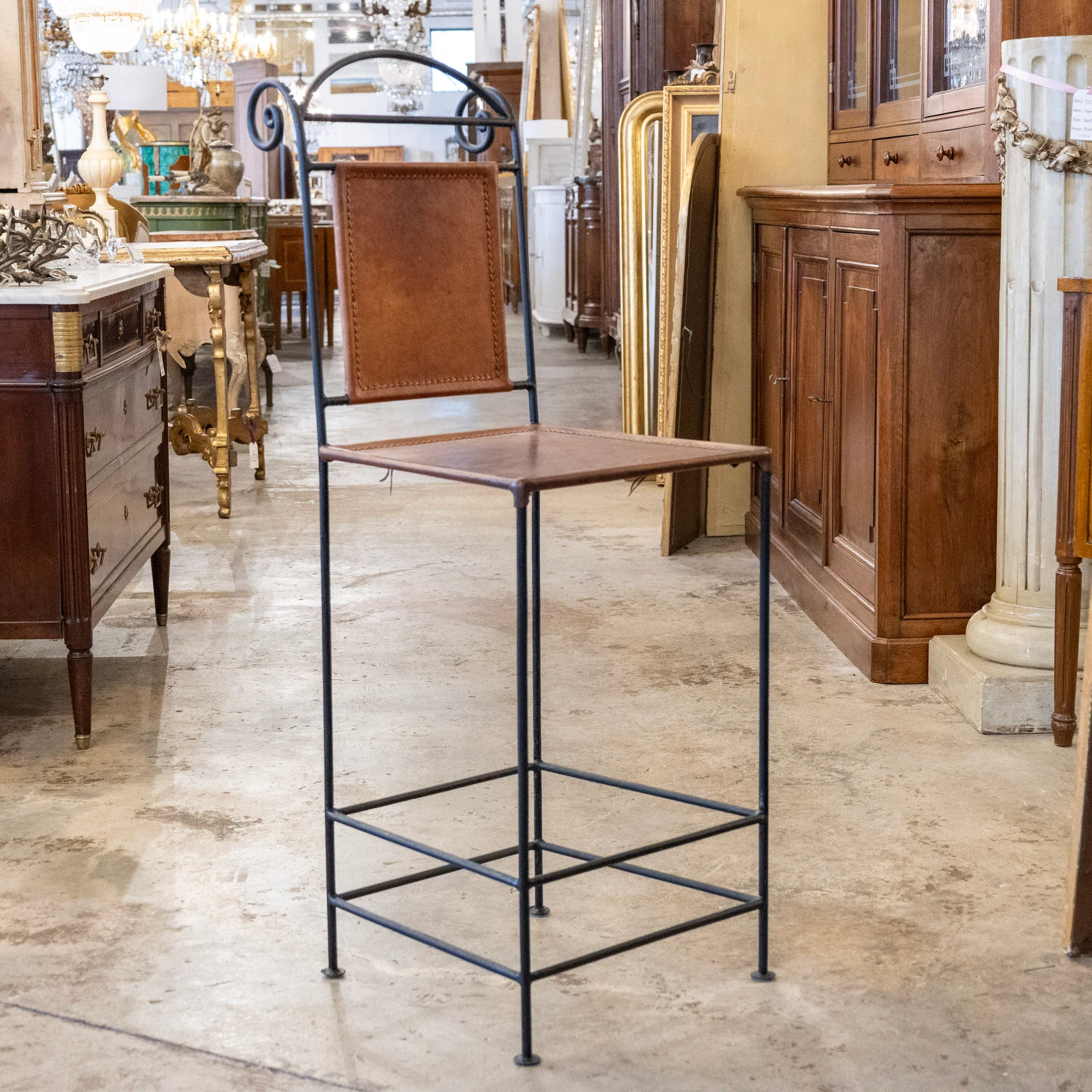 Pair of European Wrought Iron and Leather Barstools - Image 3