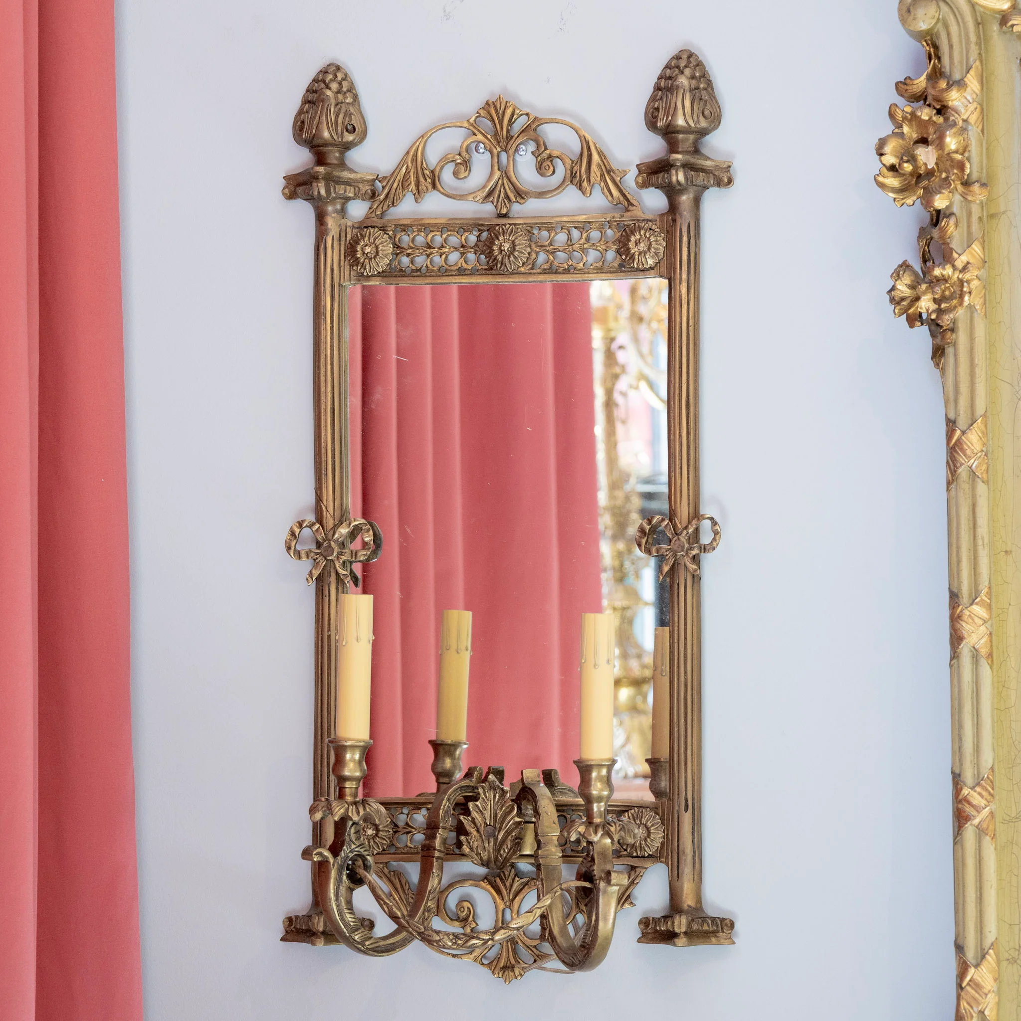 Pair of French Brass Mirror Sconces - Bow & Flower Carvings