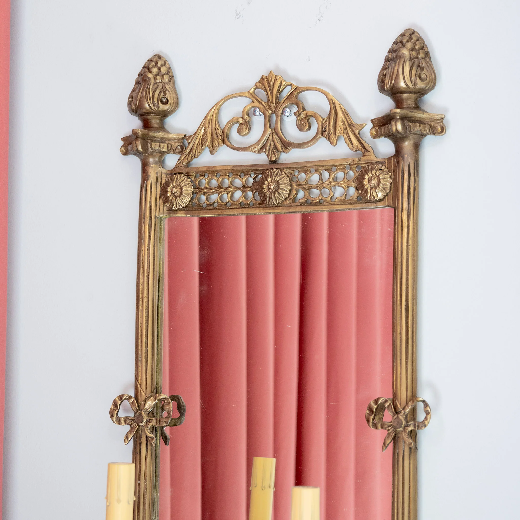 Pair of French Brass Mirror Sconces - Bow & Flower Carvings - Image 2