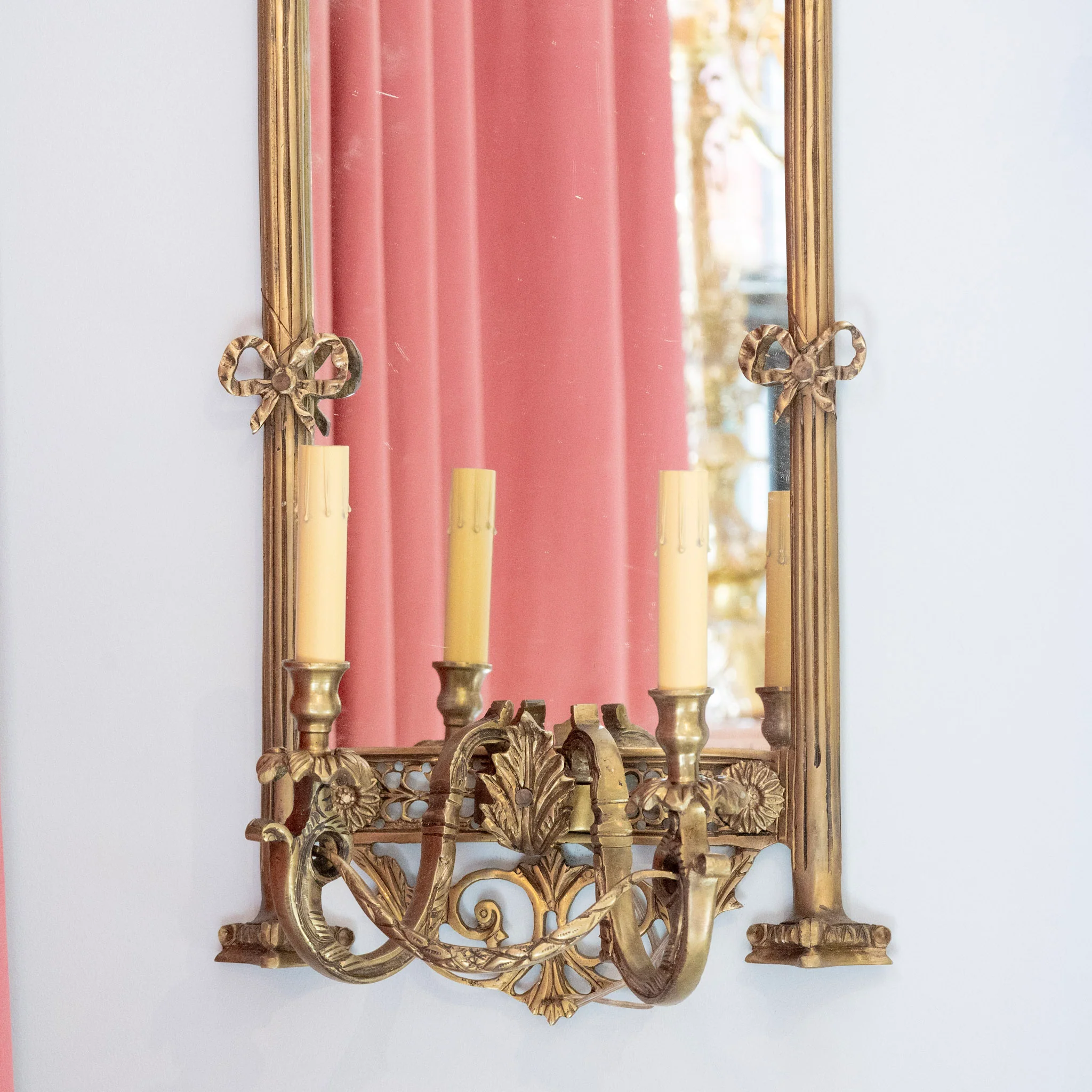 Pair of French Brass Mirror Sconces - Bow & Flower Carvings - Image 3