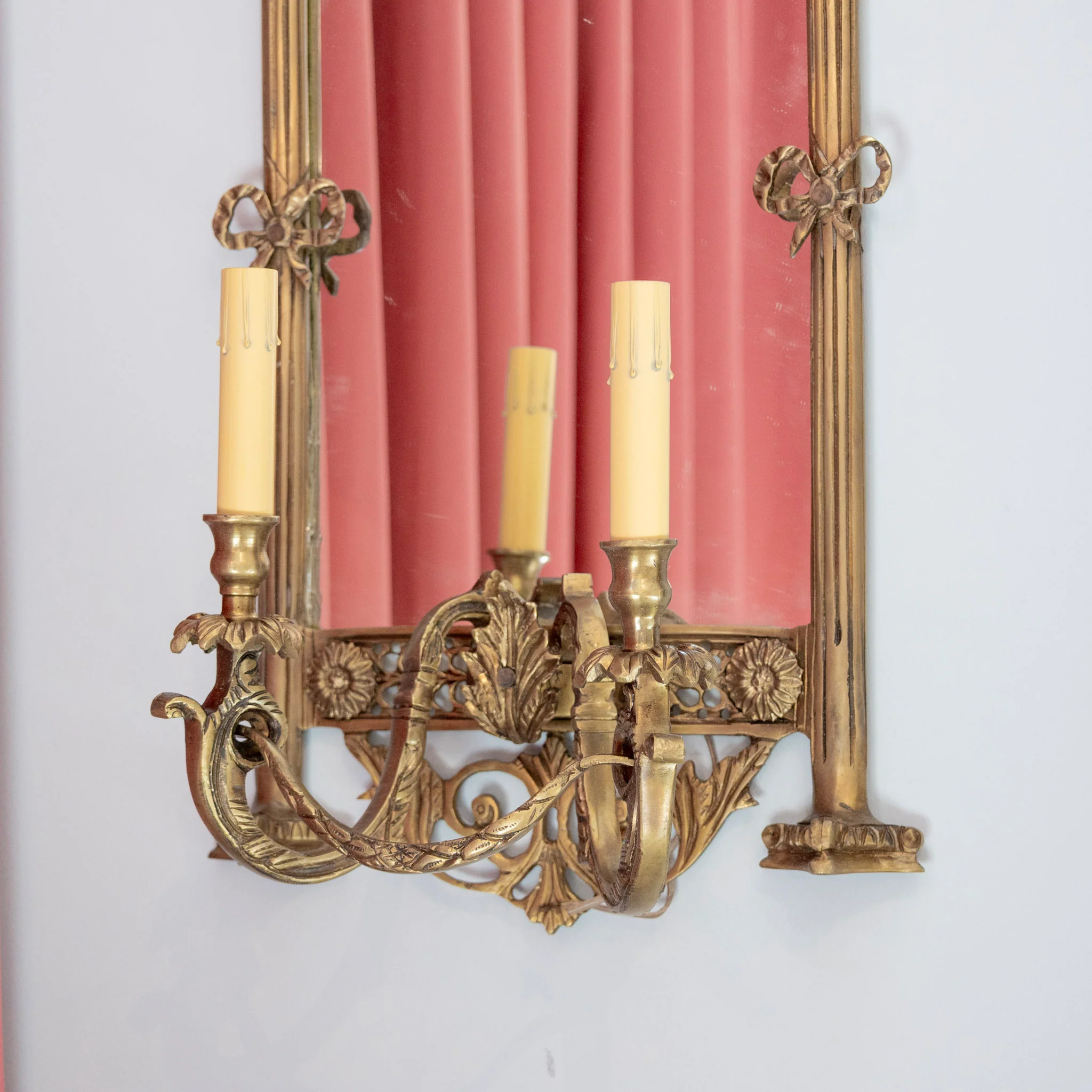 Pair of French Brass Mirror Sconces - Bow & Flower Carvings - Image 4