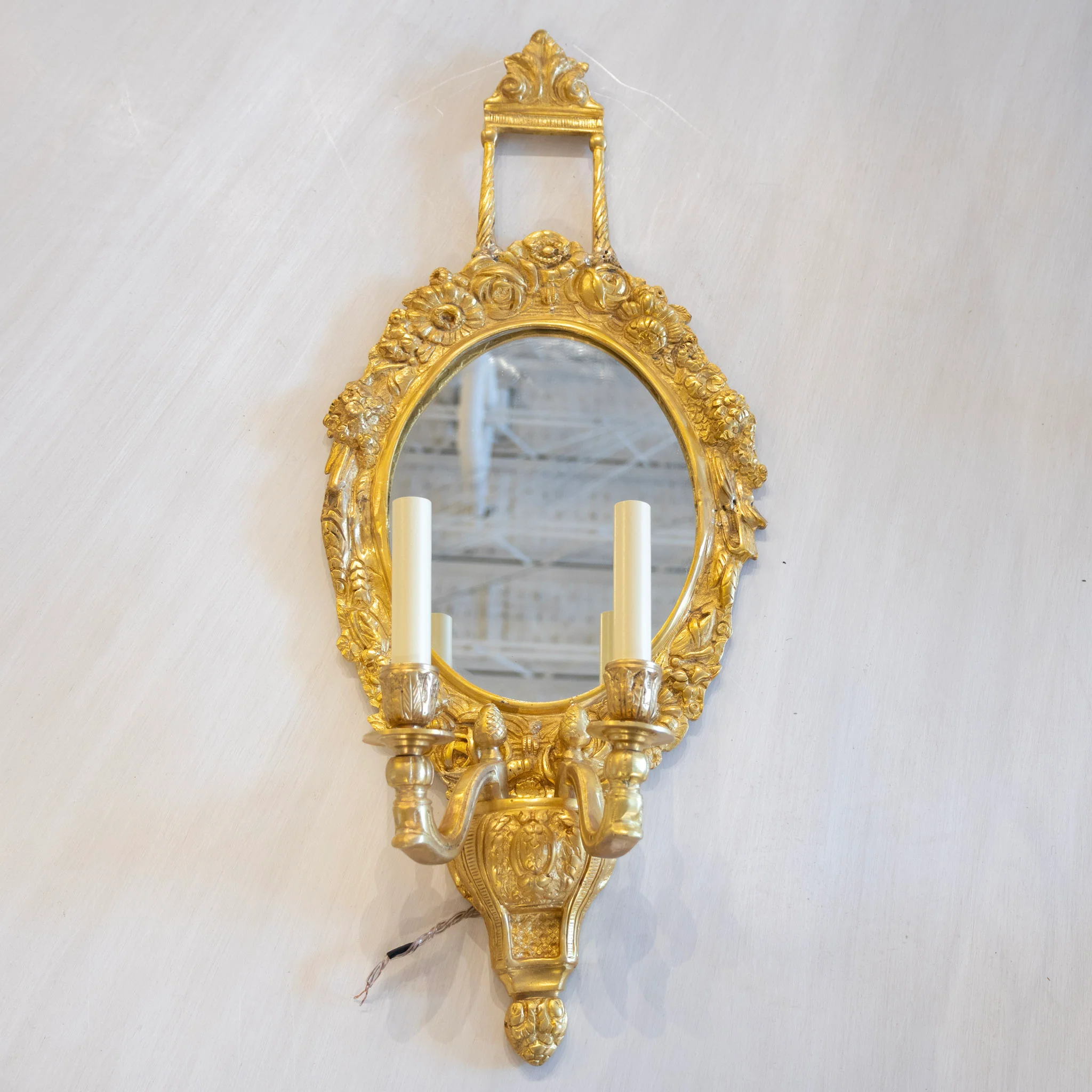 Pair of French Brass Oval Mirror Sconces - Floral & Leaf Carvings