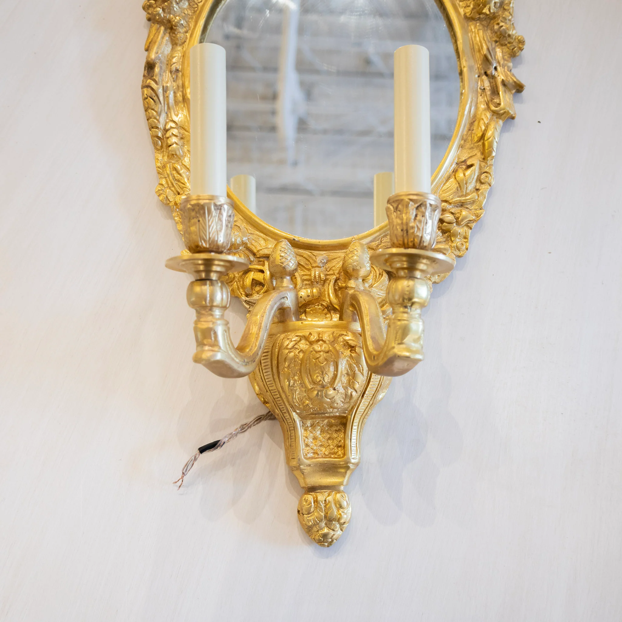 Pair of French Brass Oval Mirror Sconces - Floral & Leaf Carvings - Image 2
