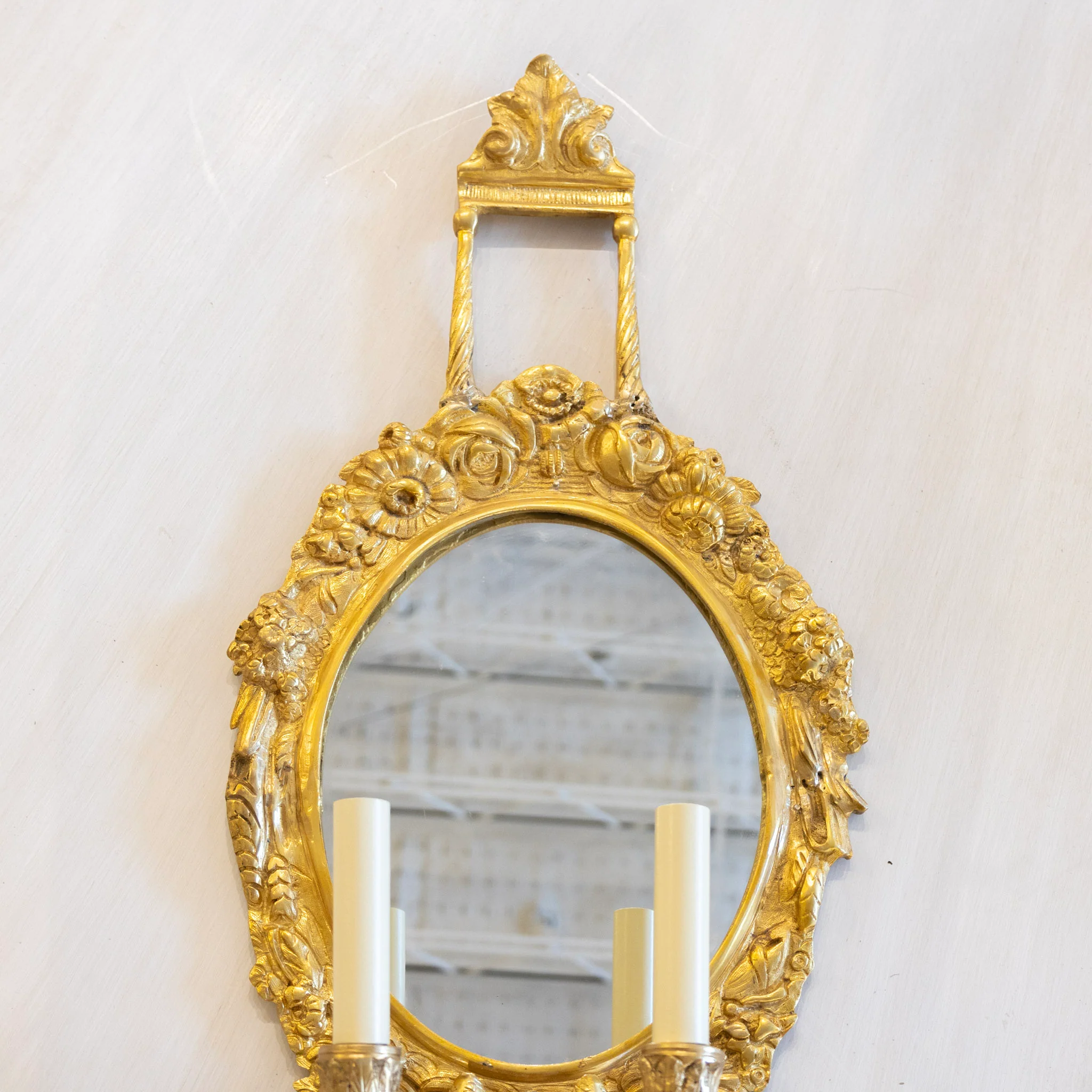 Pair of French Brass Oval Mirror Sconces - Floral & Leaf Carvings - Image 3