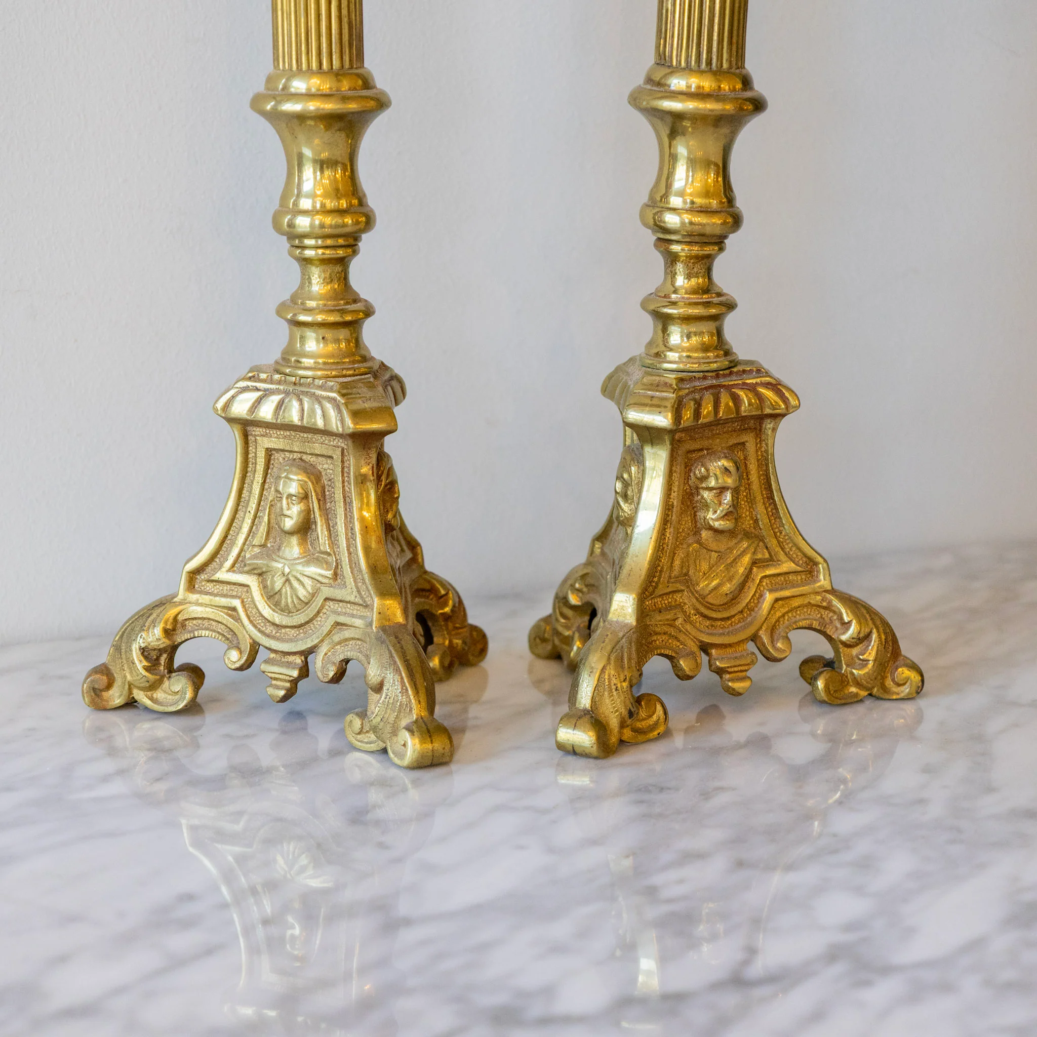 Pair of French Brass Pricket Candle Holders – Fluted Column & Figural Base - Image 4