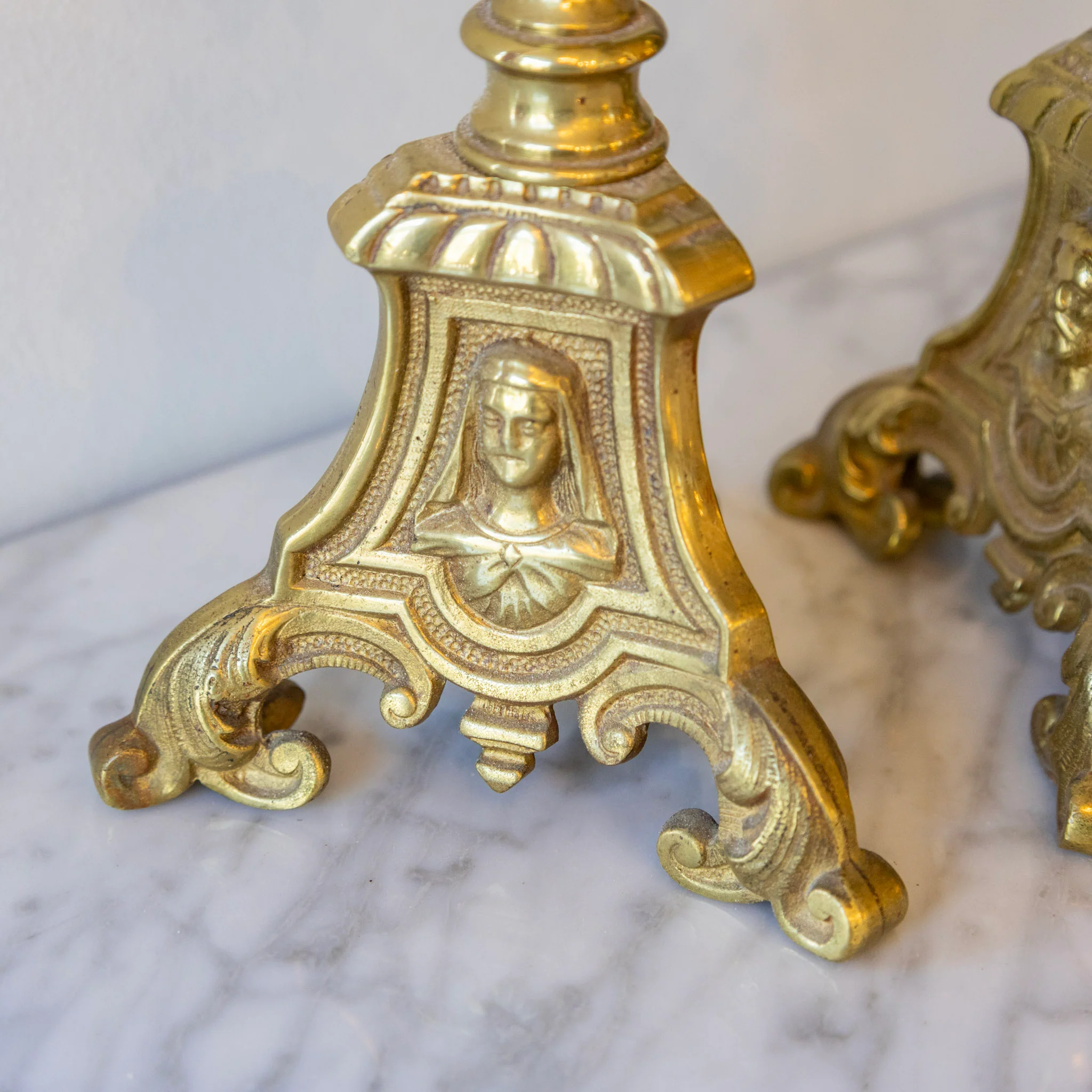 Pair of French Brass Pricket Candle Holders – Fluted Column & Figural Base - Image 5
