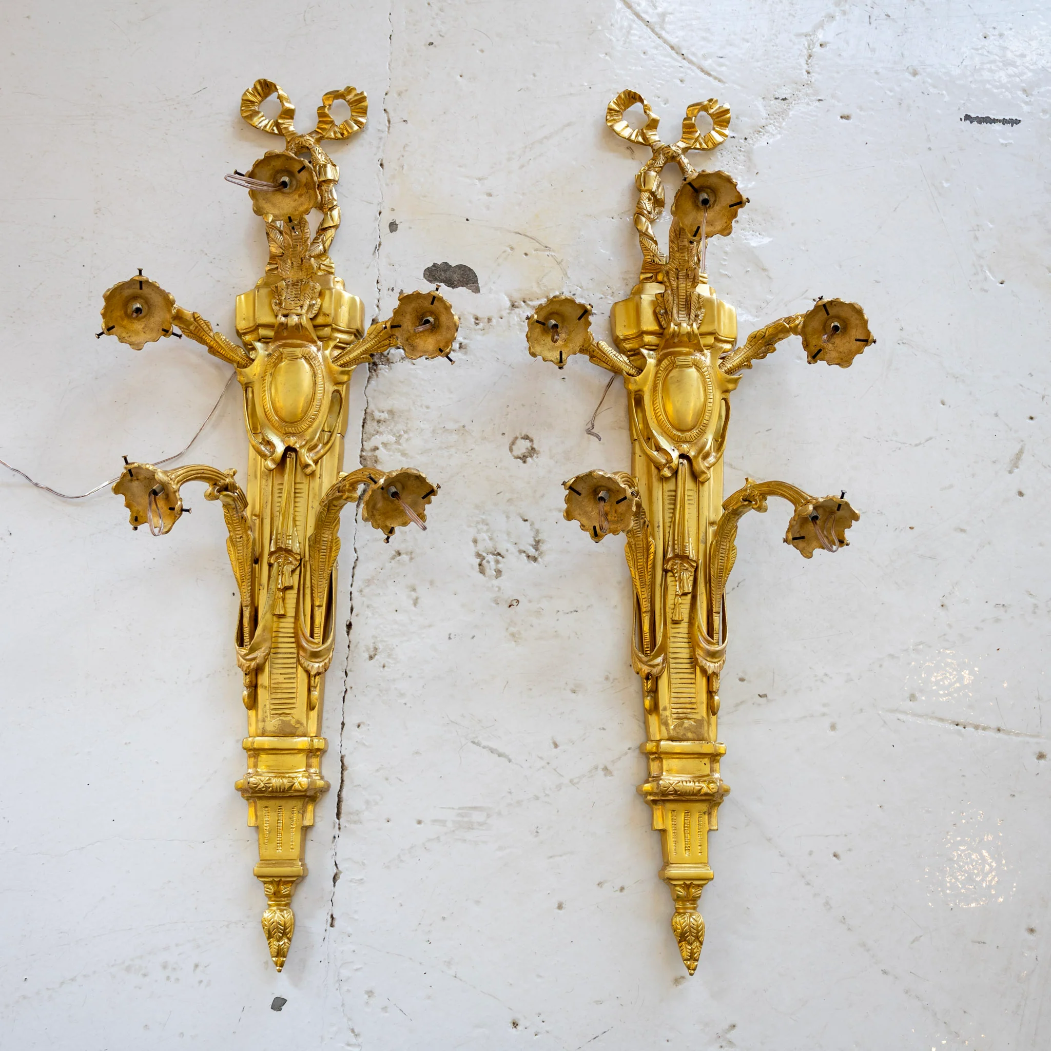 Pair of French Brass Wall Sconces - Bow Crest