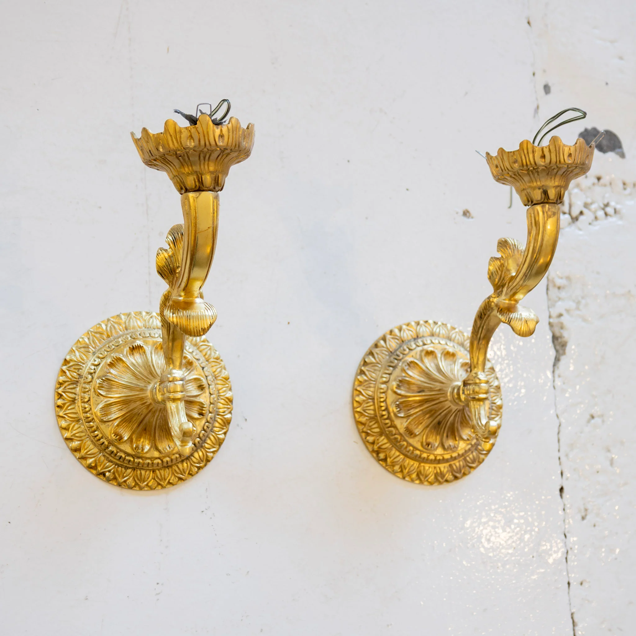 Pair of French Brass Wall Sconces – Fluted Stem with Rosette Backplates