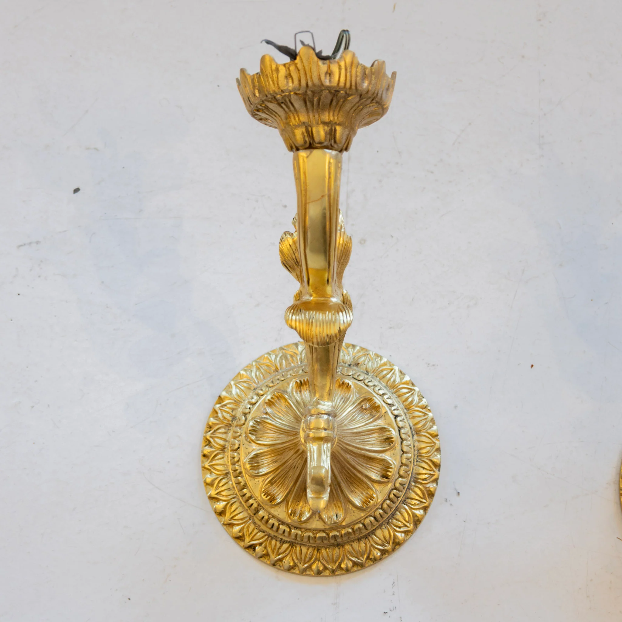 Pair of French Brass Wall Sconces – Fluted Stem with Rosette Backplates - Image 2