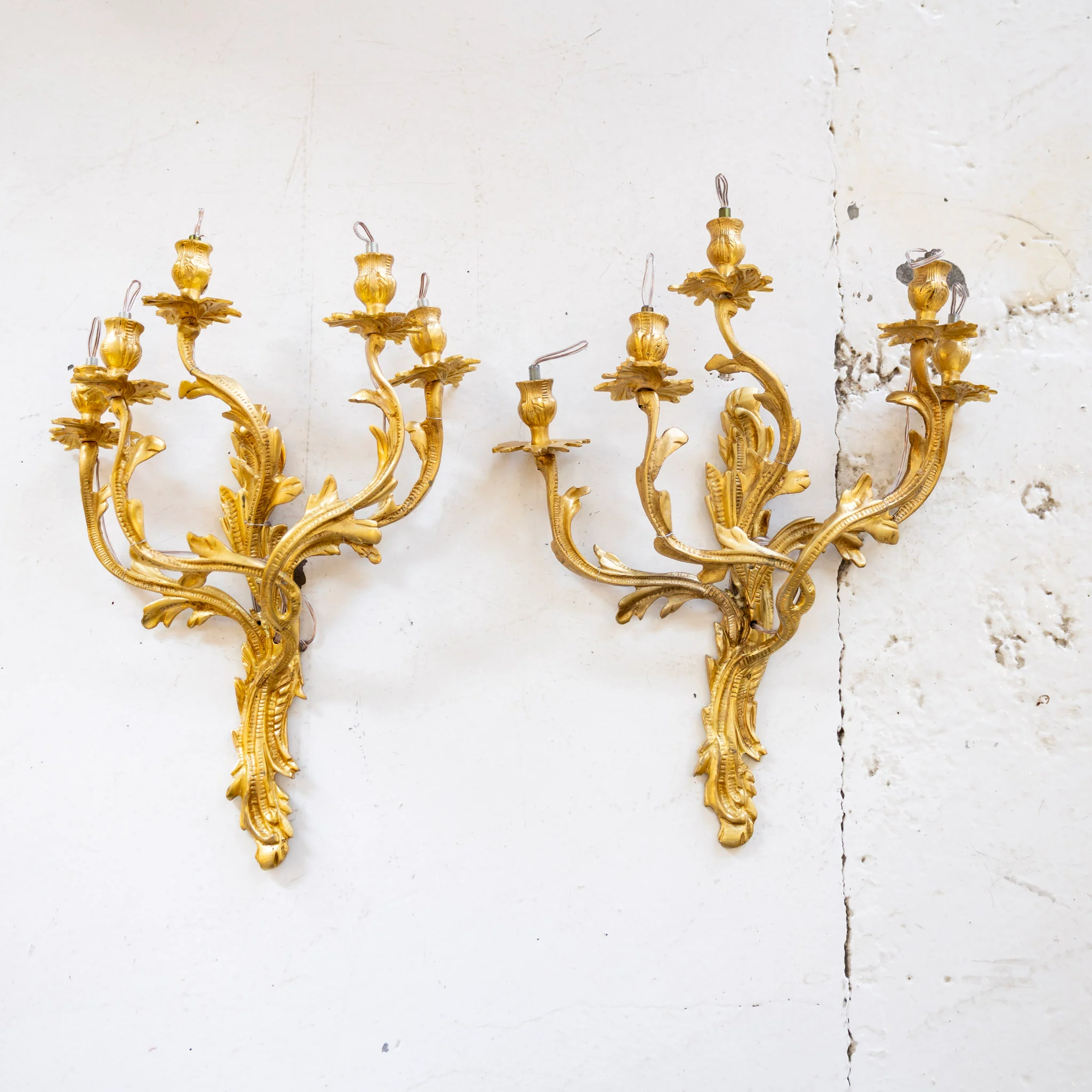 Pair of French Brass Wall Sconces - Leaf Carvings