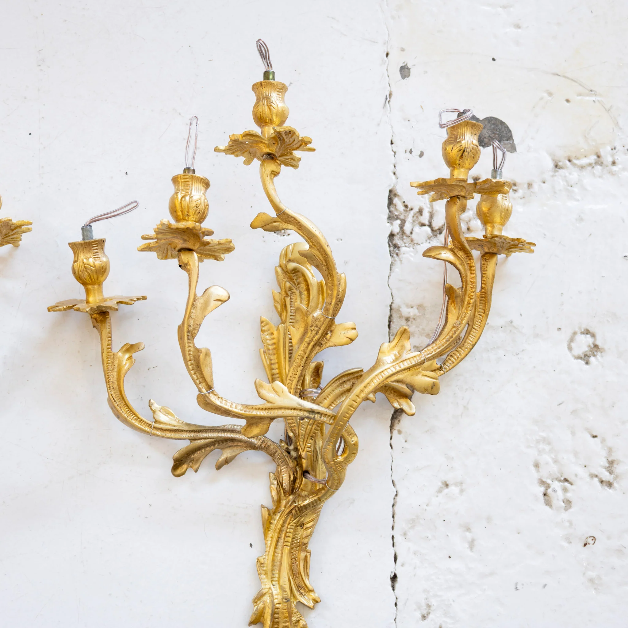 Pair of French Brass Wall Sconces - Leaf Carvings - Image 4