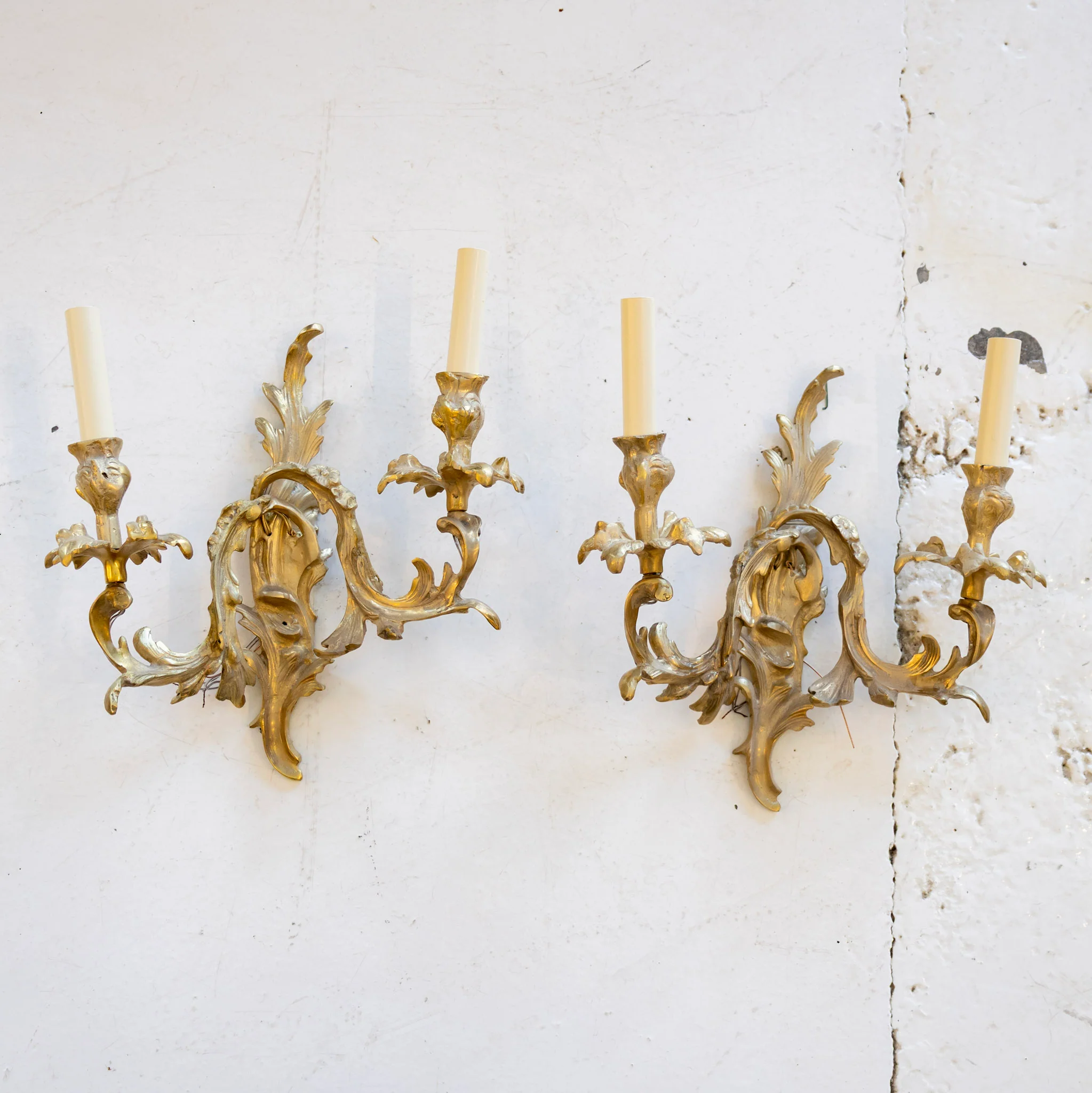 Pair of French Brass Wall Sconces – Ornate Leaf Frame