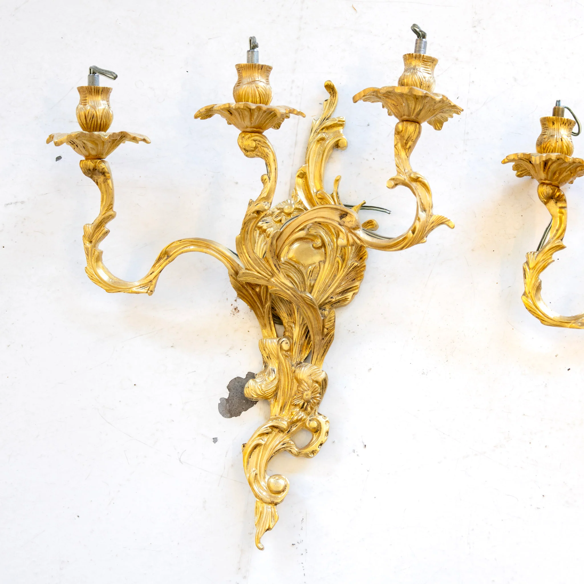 Pair of French Brass Wall Sconces – Ornate Leaf Frame - Image 2