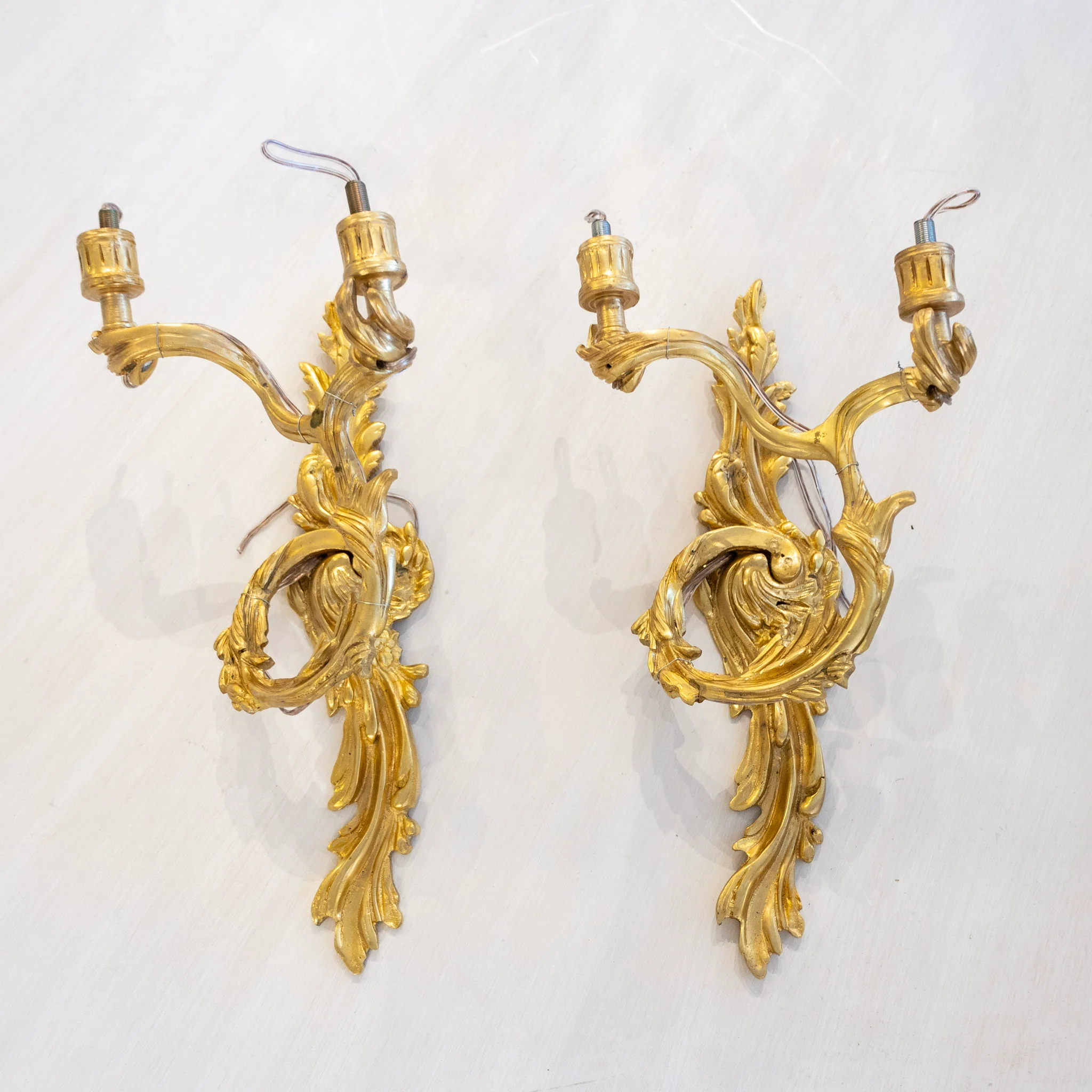 Pair of French Brass Wall Sconces - Ornate Scroll Leaf Frame