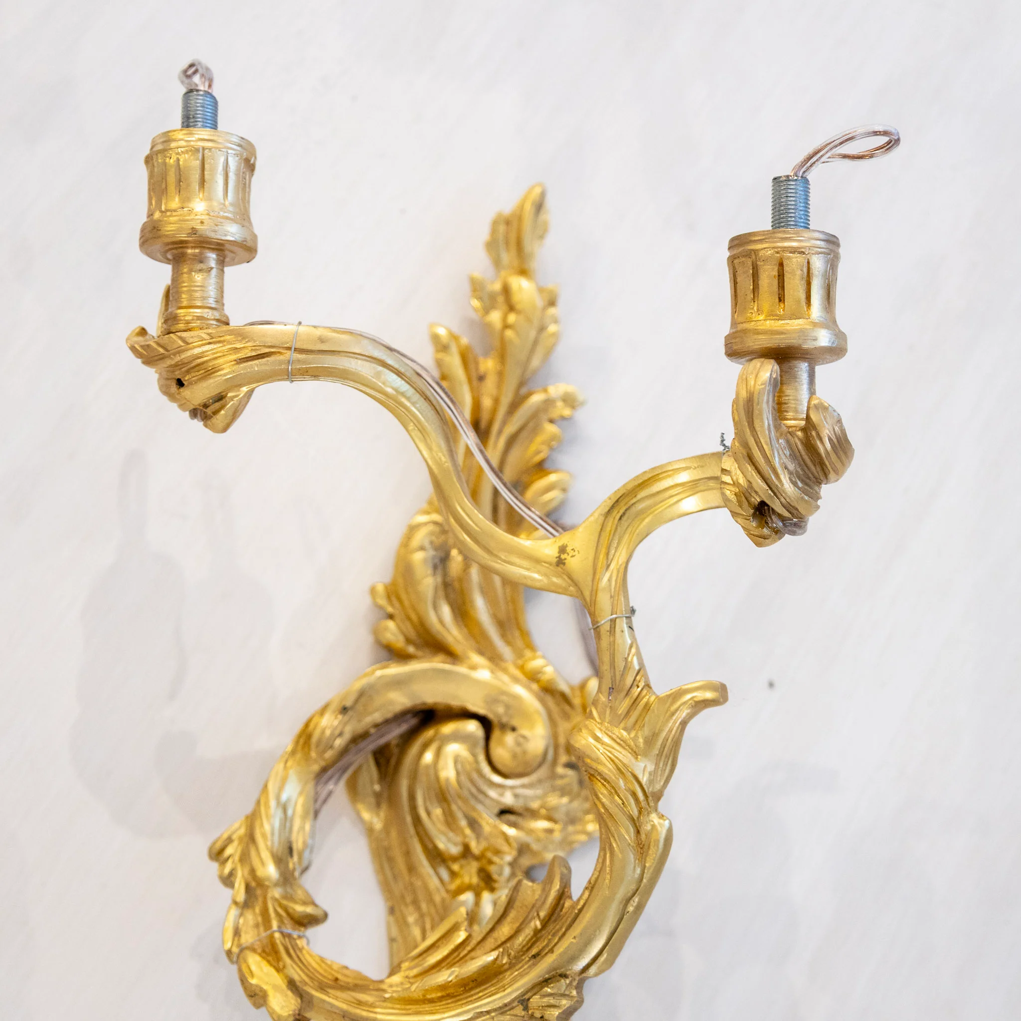 Pair of French Brass Wall Sconces - Ornate Scroll Leaf Frame - Image 2