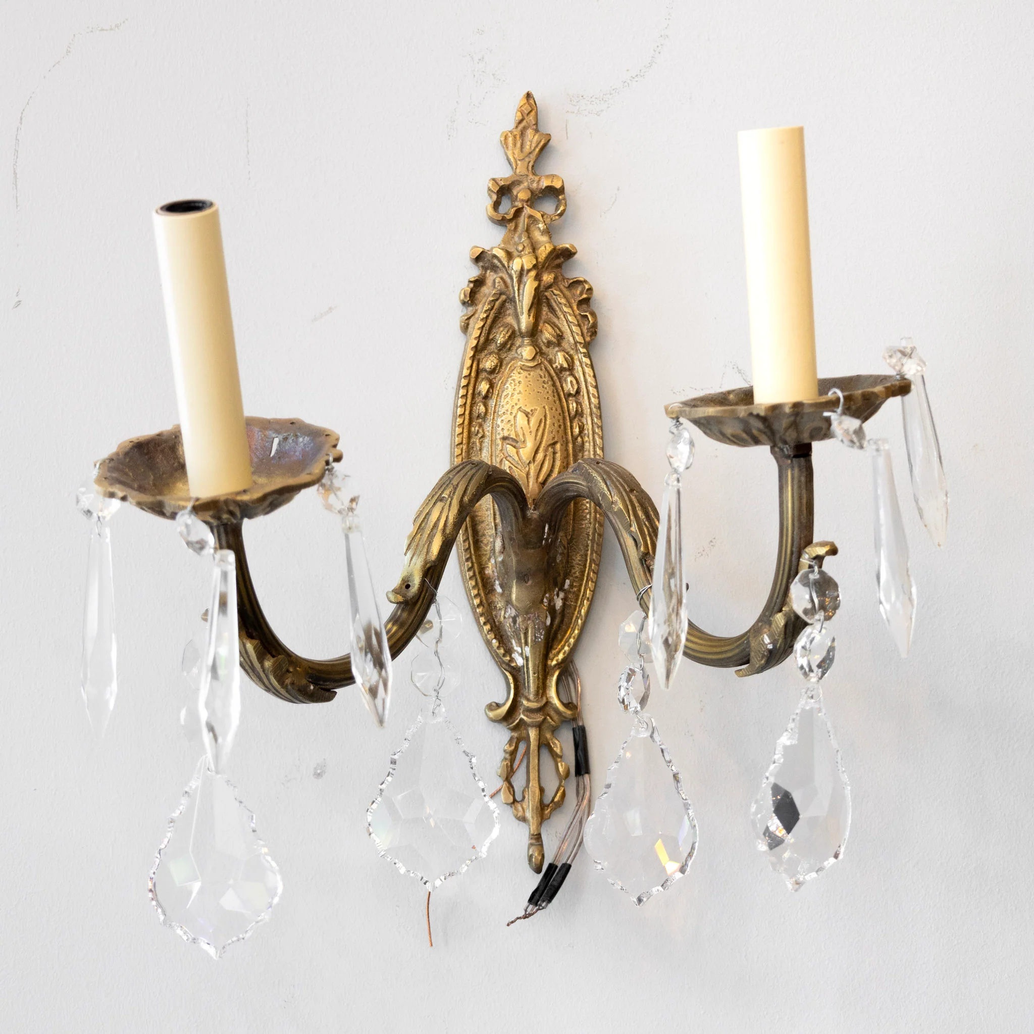 Pair of French Brass Wall Sconces - Oval Backplate & Crystal Drops