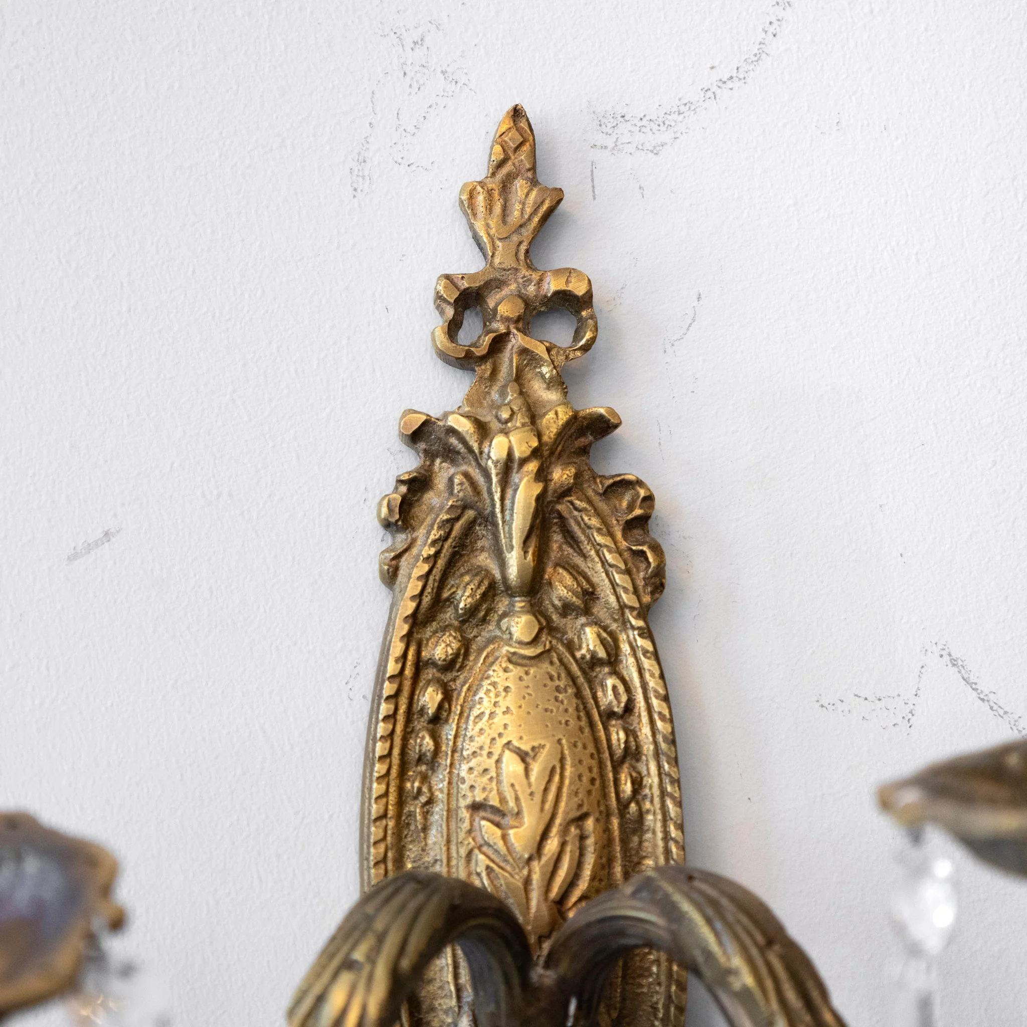 Pair of French Brass Wall Sconces - Oval Backplate & Crystal Drops - Image 3