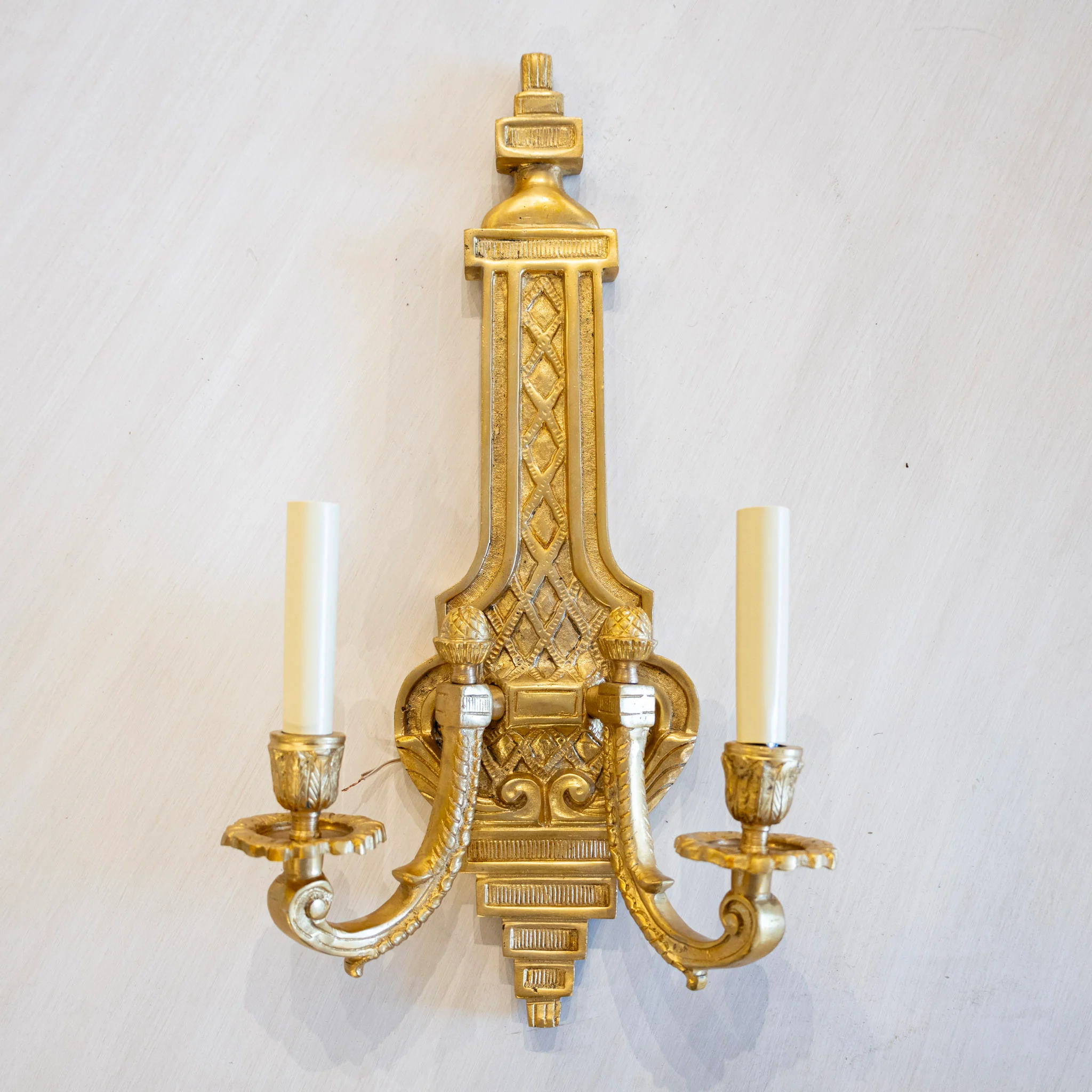 Pair of French Brass Wall Sconces - Scroll Arms & Lattice Details