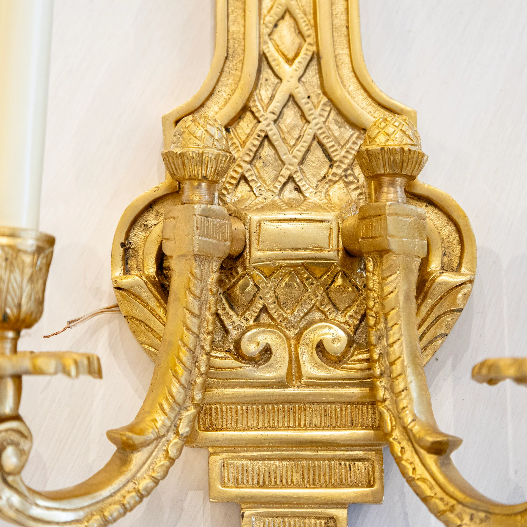 Pair of French Brass Wall Sconces - Scroll Arms & Lattice Details - Image 2