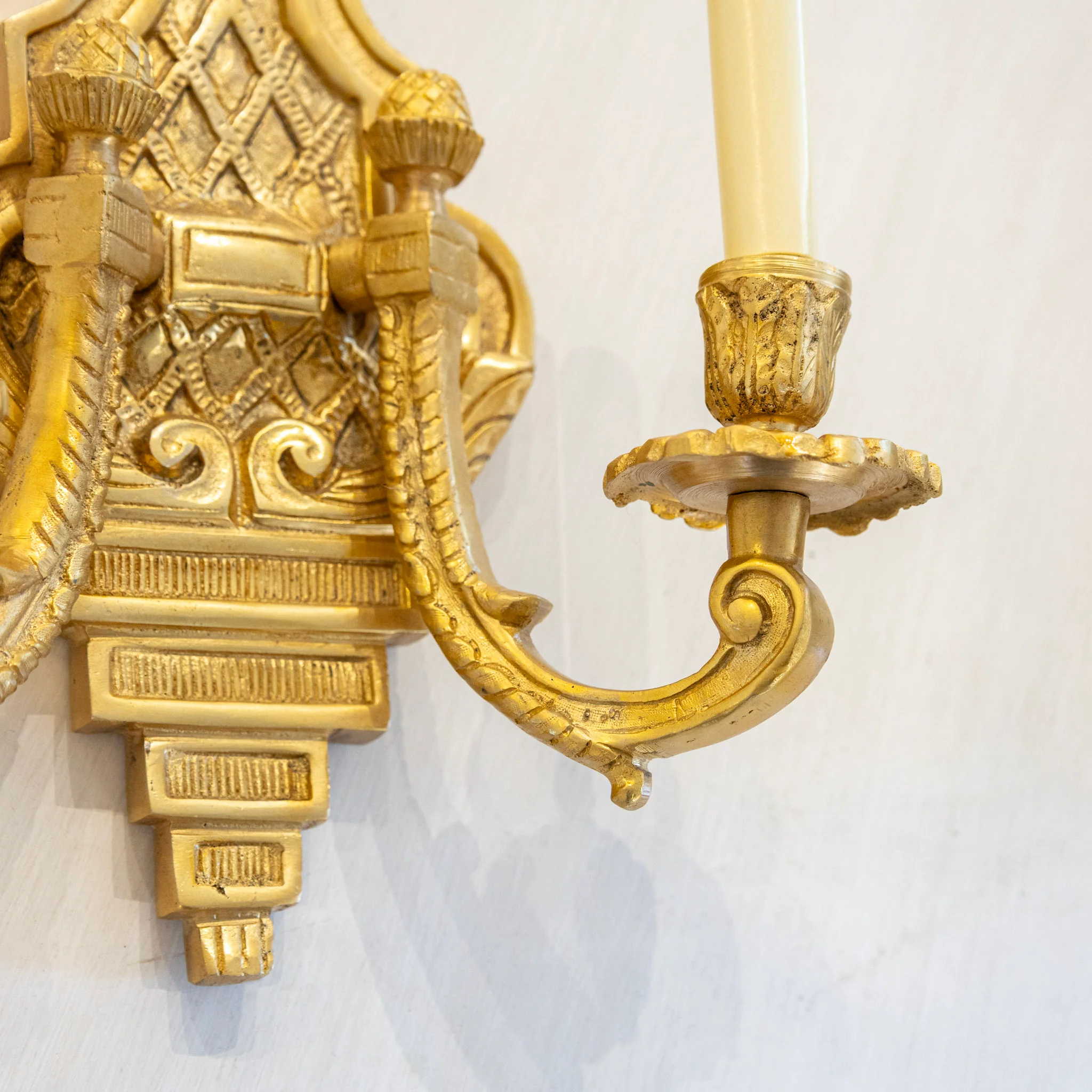 Pair of French Brass Wall Sconces - Scroll Arms & Lattice Details - Image 4