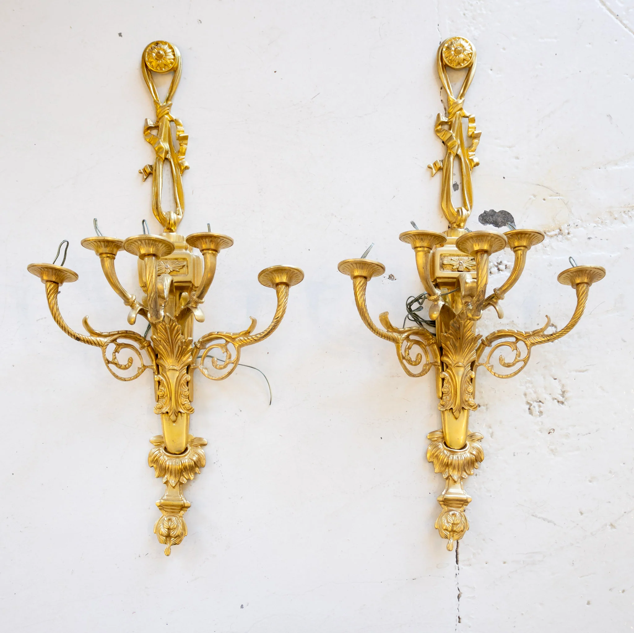 Pair of French Brass Wall Sconces – Scroll Arms & Leaf Carvings