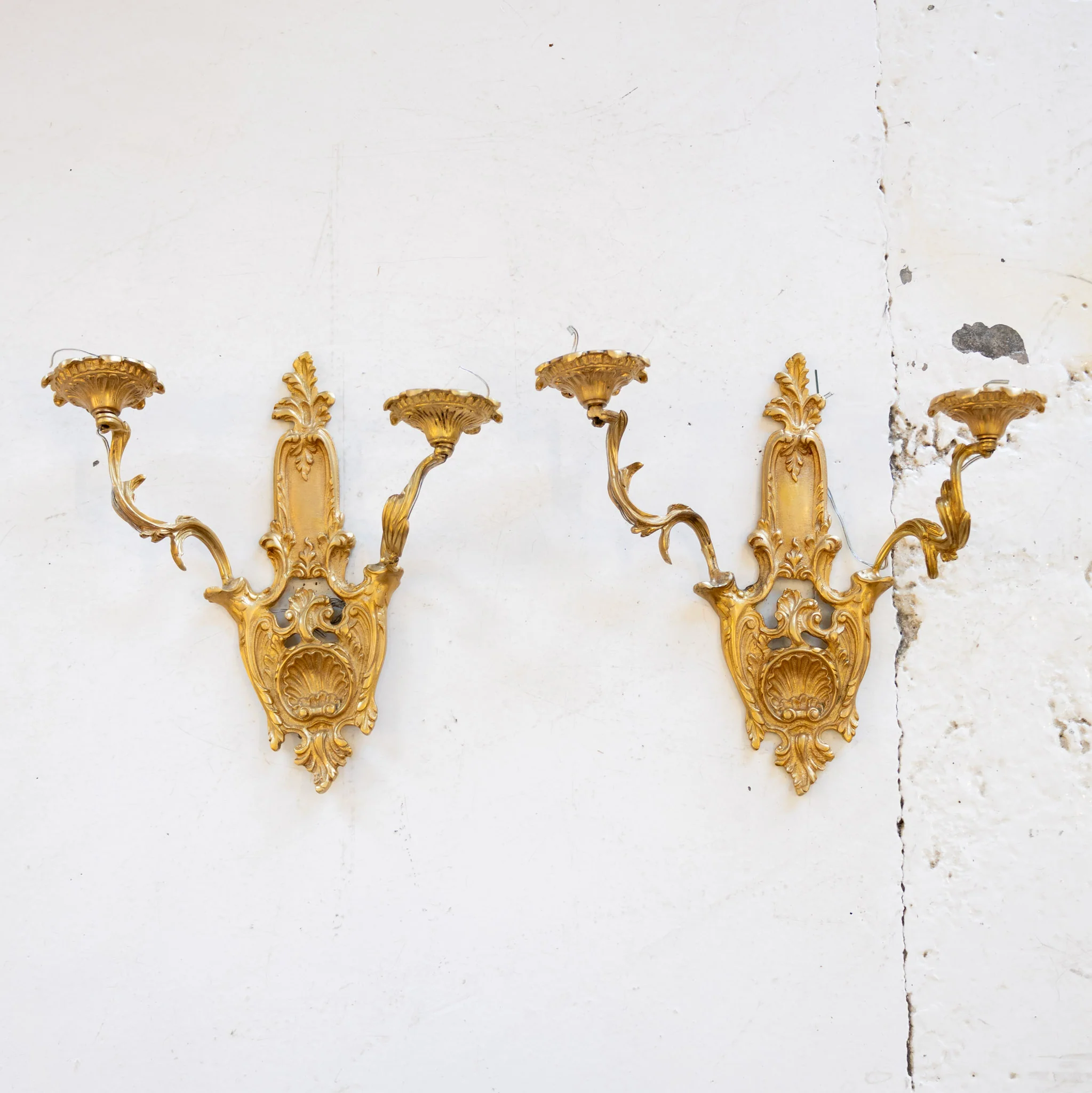 Pair of French Brass Wall Sconces - Shell Carving