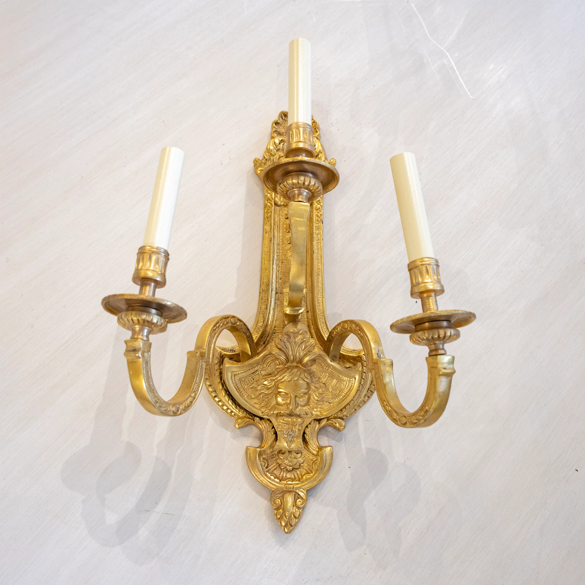 Pair of French Brass Wall Sconces - Shell Crest & Empire Frame