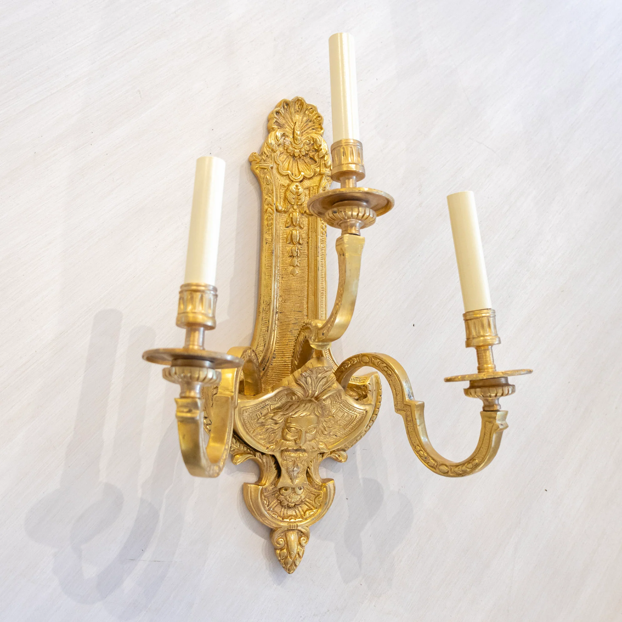 Pair of French Brass Wall Sconces - Shell Crest & Empire Frame - Image 2