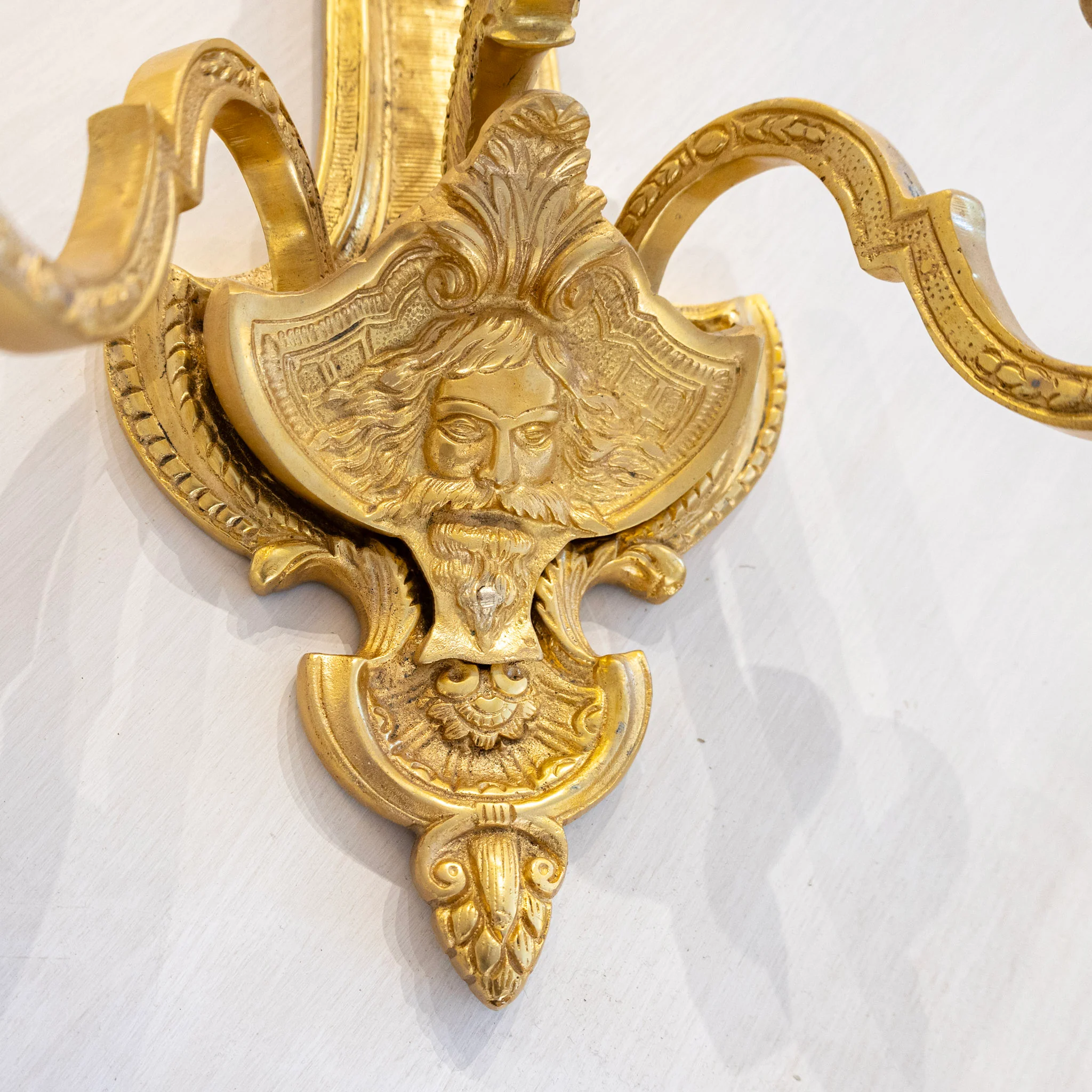 Pair of French Brass Wall Sconces - Shell Crest & Empire Frame - Image 3