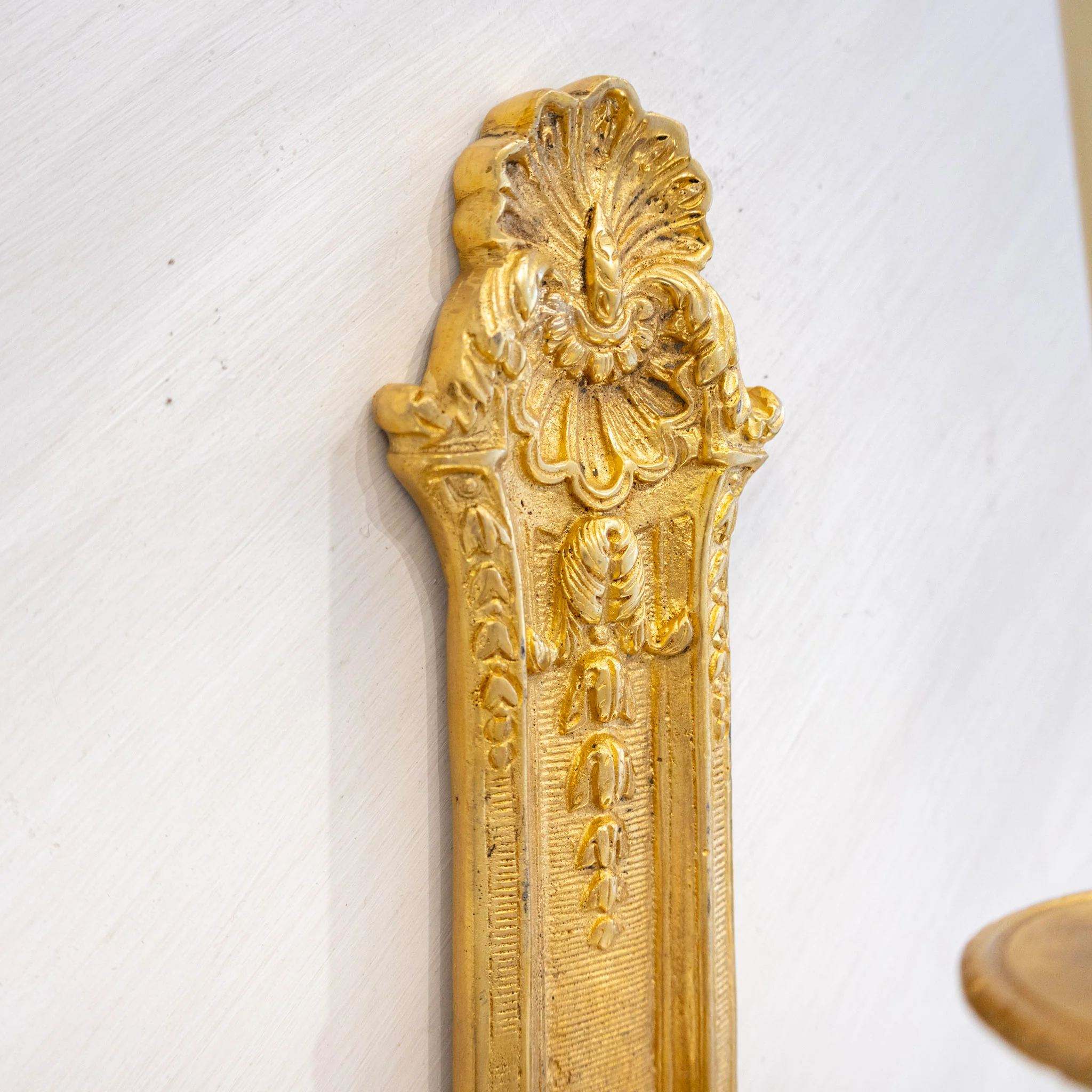 Pair of French Brass Wall Sconces - Shell Crest & Empire Frame - Image 4