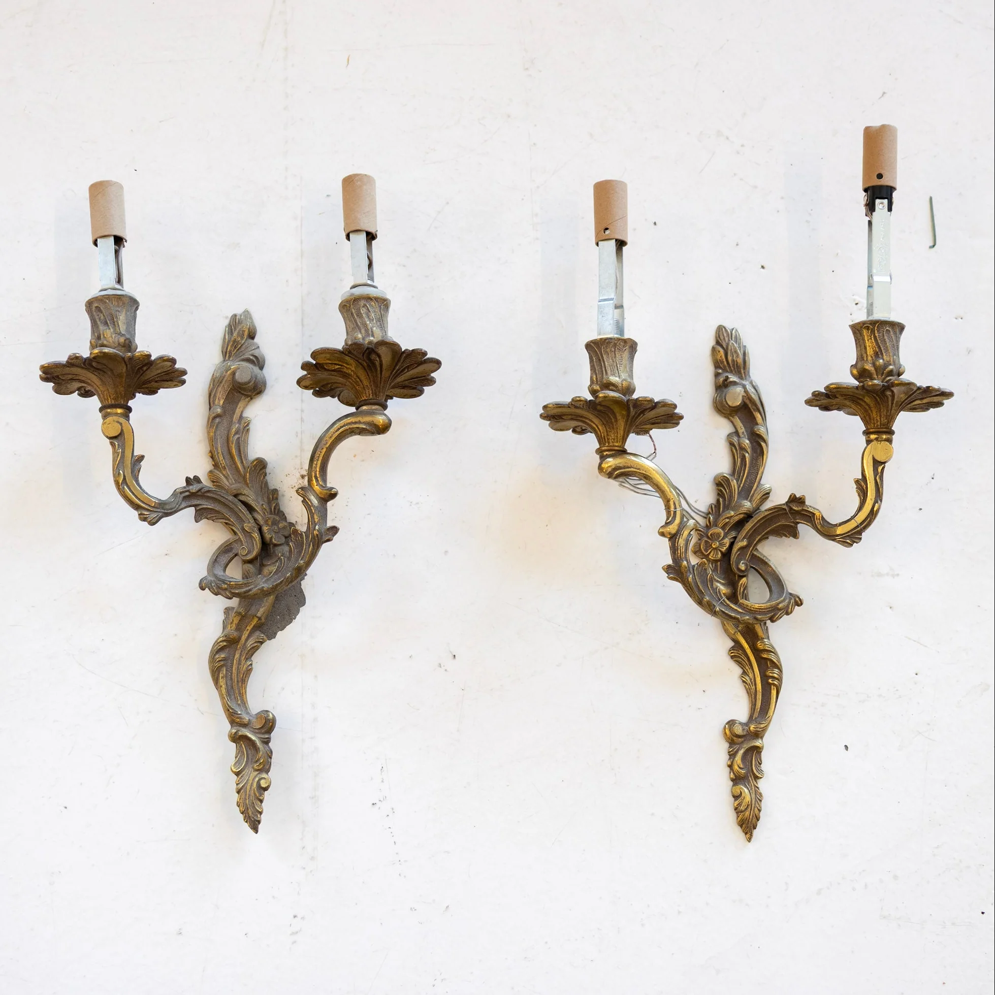 Pair of French Dark Brass Wall Sconces – Floral & Leaf Carvings