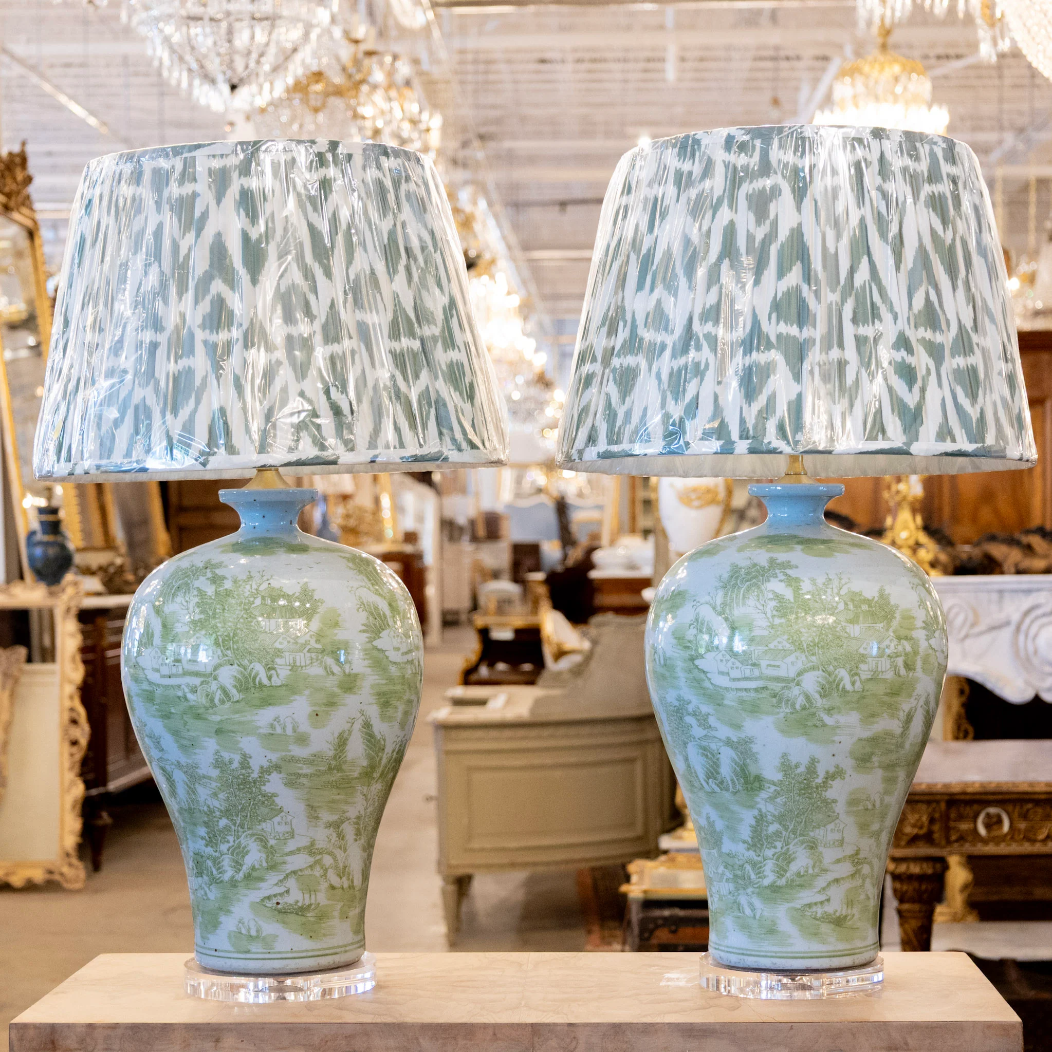 Pair of Green Toile Table Lamps - Pattern Lamp Shade