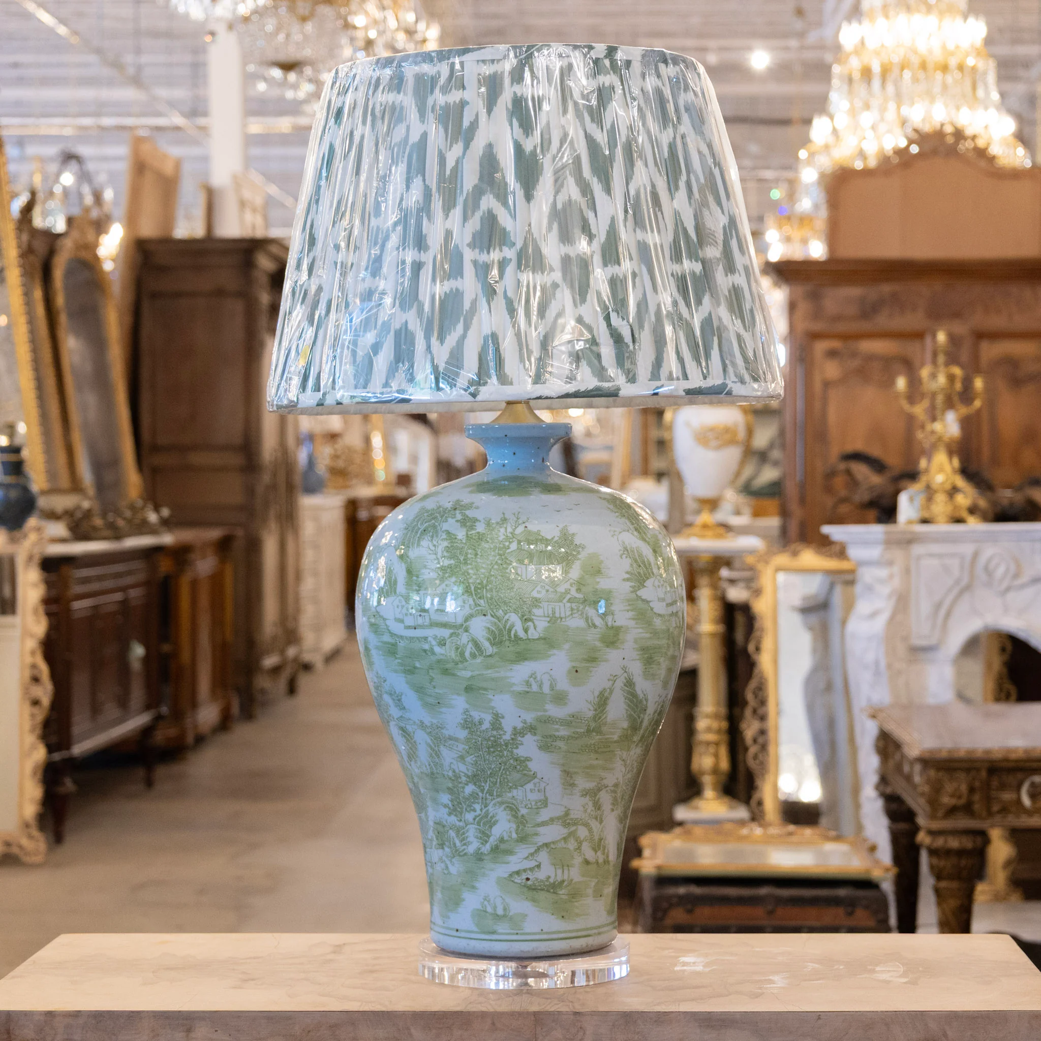 Pair of Green Toile Table Lamps - Pattern Lamp Shade - Image 2