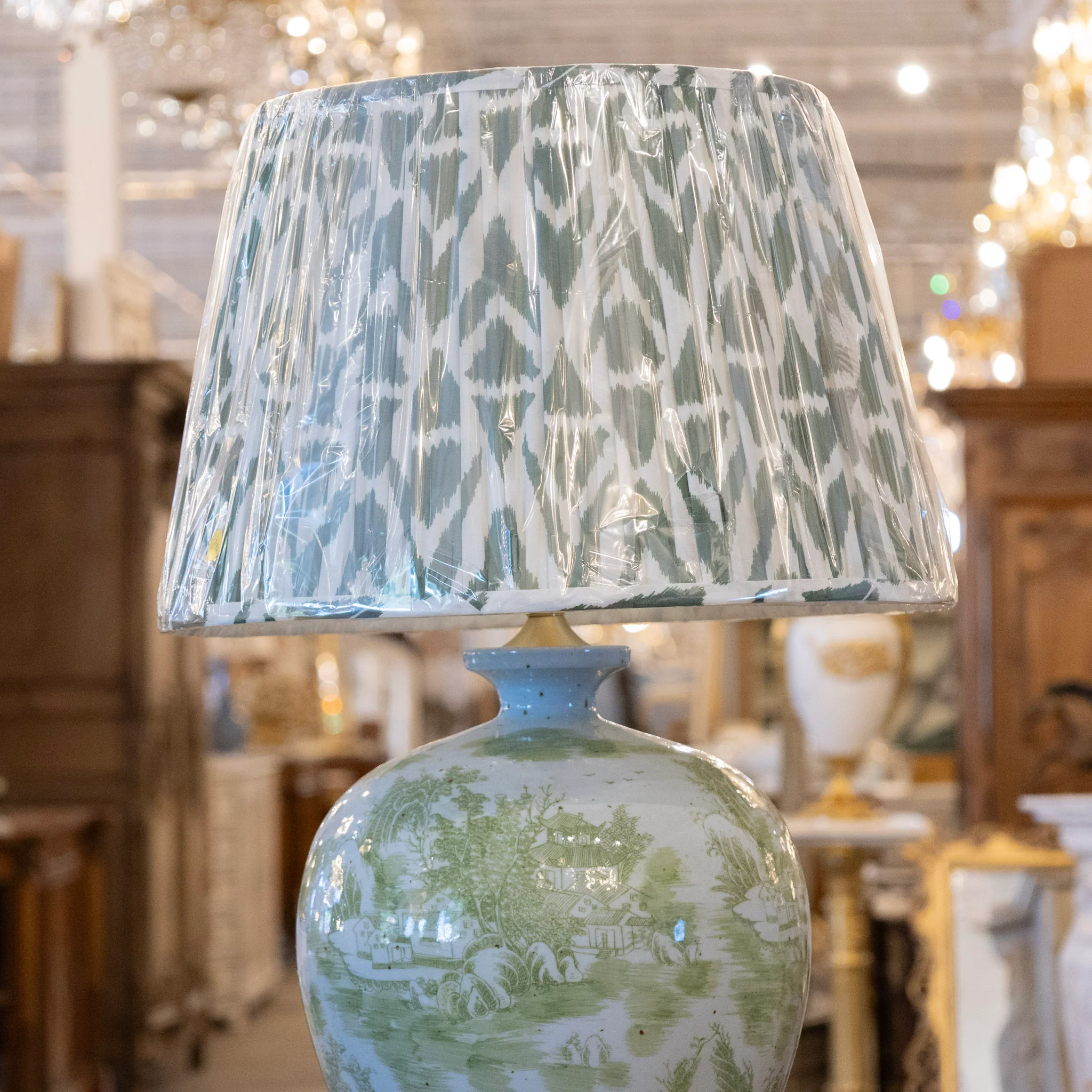 Pair of Green Toile Table Lamps - Pattern Lamp Shade - Image 3