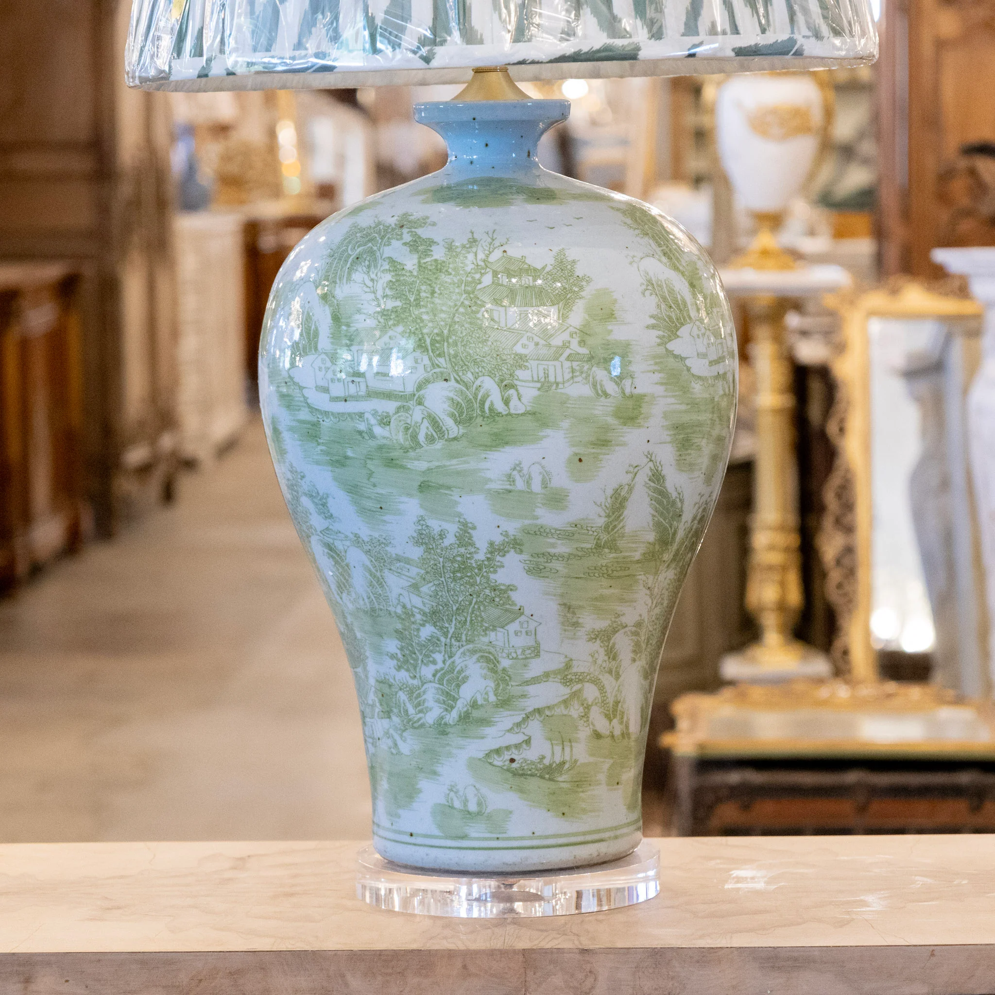 Pair of Green Toile Table Lamps - Pattern Lamp Shade - Image 4