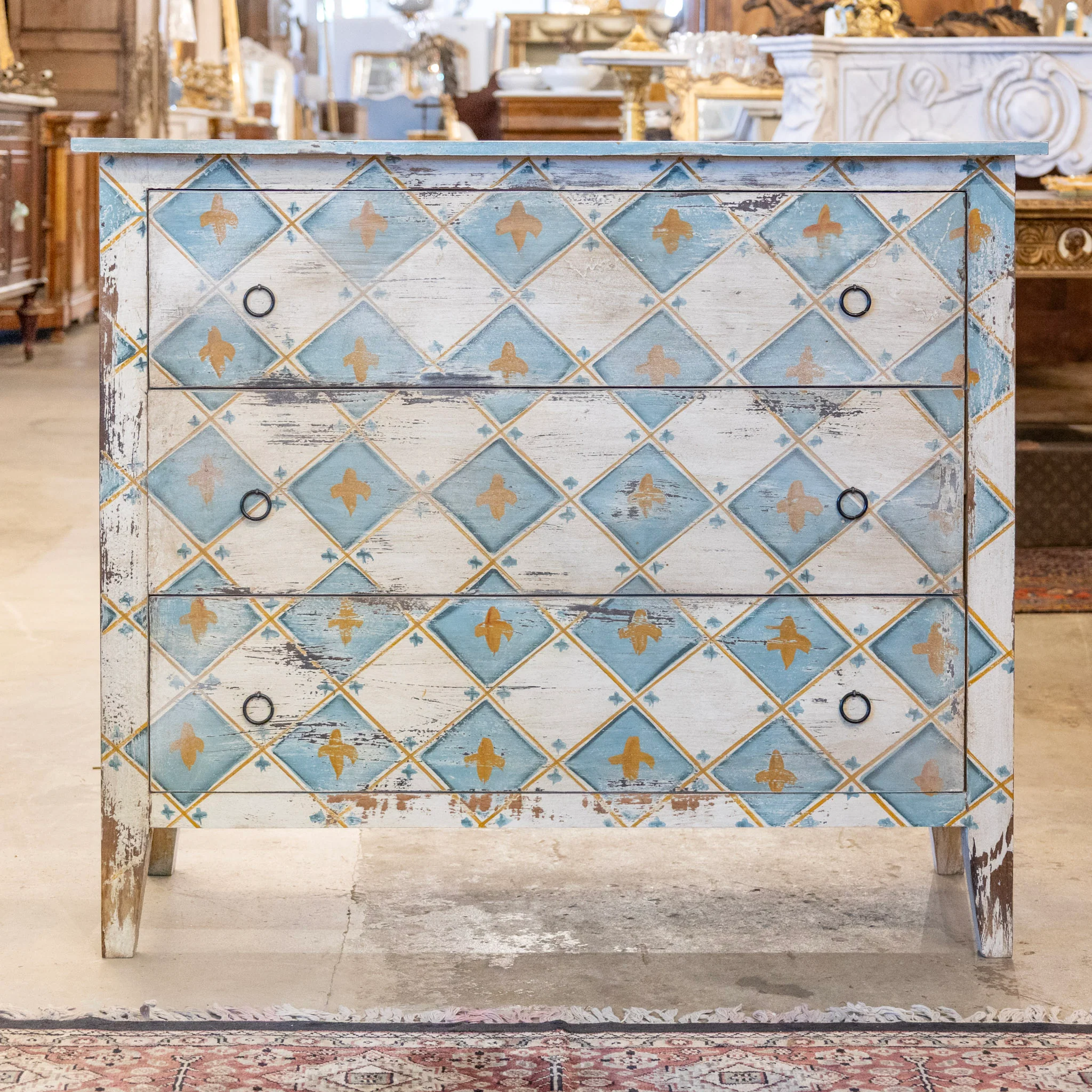 Pair of Gustavian 3-Drawer Chests – White and Blue Distressed Diamond Finish