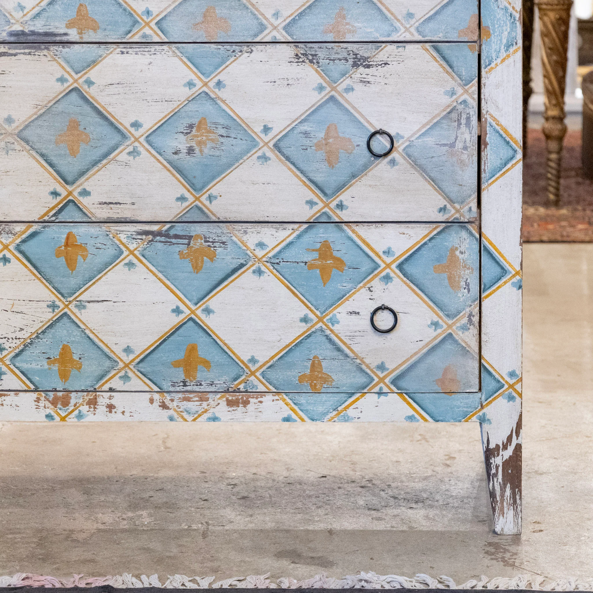 Pair of Gustavian 3-Drawer Chests – White and Blue Distressed Diamond Finish - Image 6