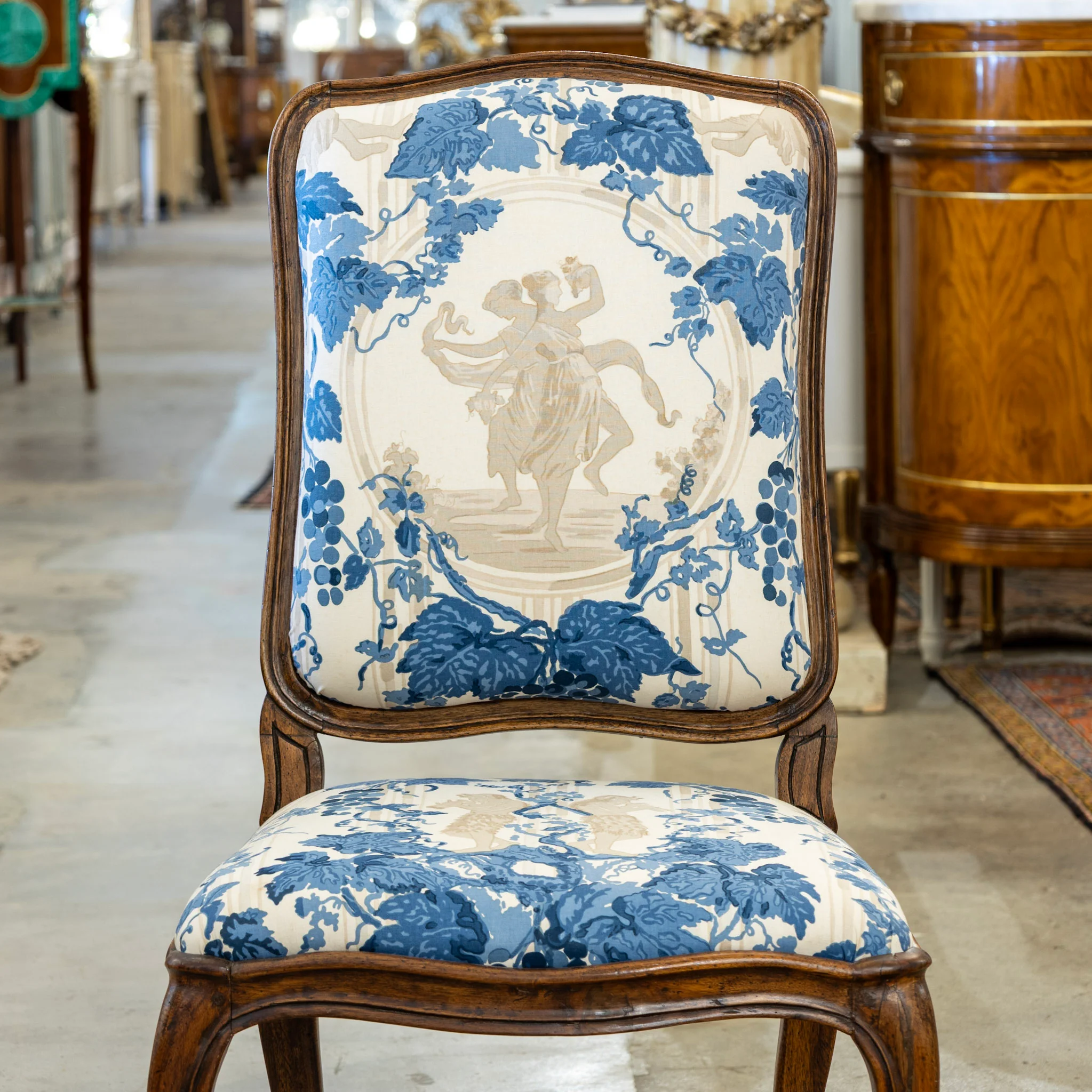 Pair of Louis XV Accent Chairs – Brown Frame with Blue & Cream Mythological Upholstery - Image 3